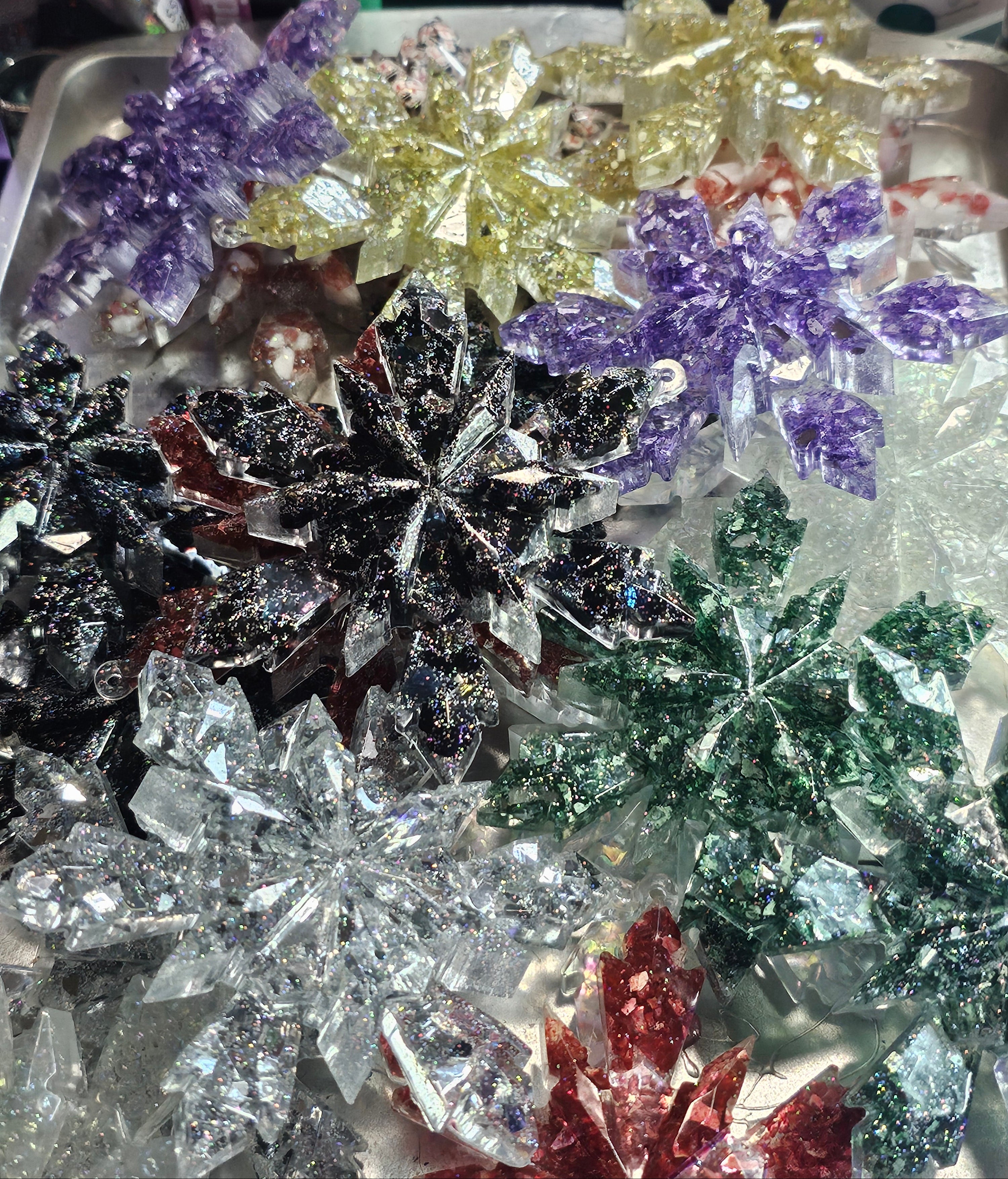 Handmade Resin Snowflake Ornament: Crushed Glass Collection