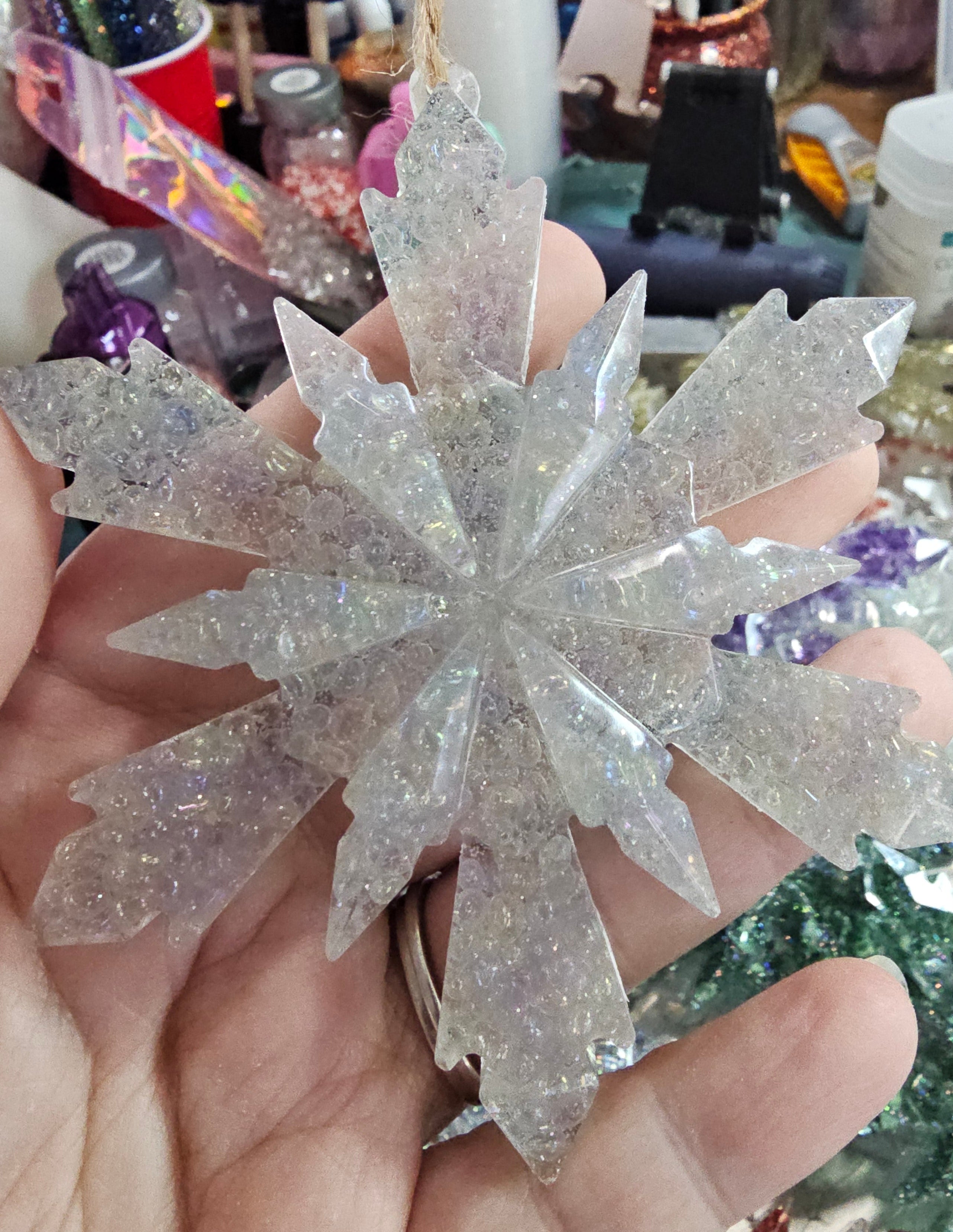 Handmade Resin Snowflake Ornament: Crushed Glass Collection