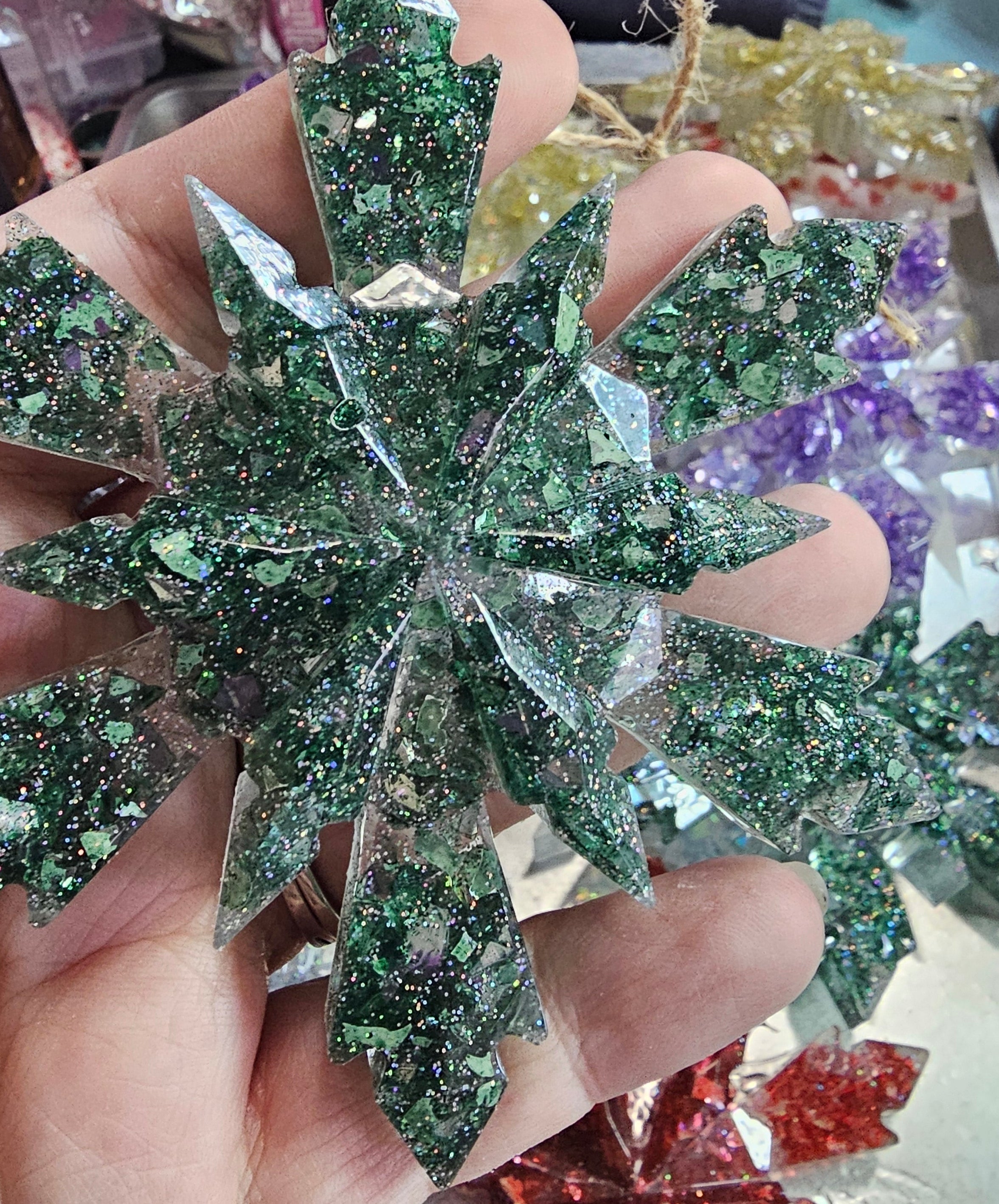 Handmade Resin Snowflake Ornament: Crushed Glass Collection