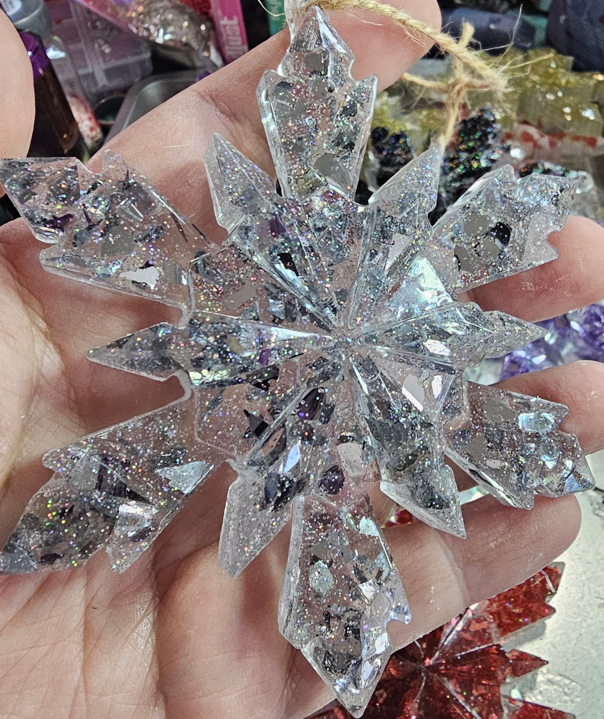 Handmade Resin Snowflake Ornament: Crushed Glass Collection