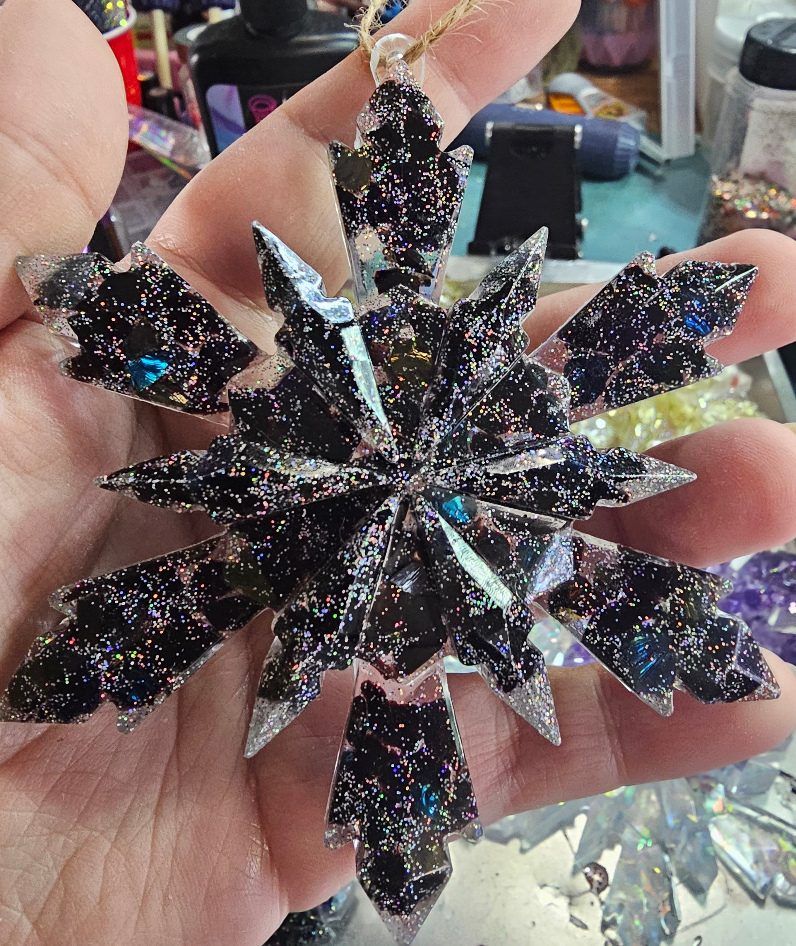 Handmade Resin Snowflake Ornament: Crushed Glass Collection