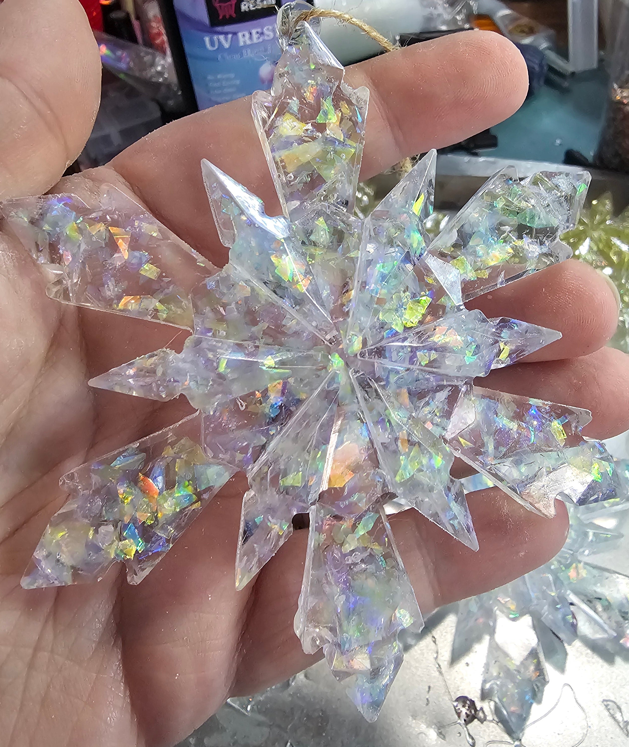Handmade Resin Snowflake Ornament: Crushed Glass Collection