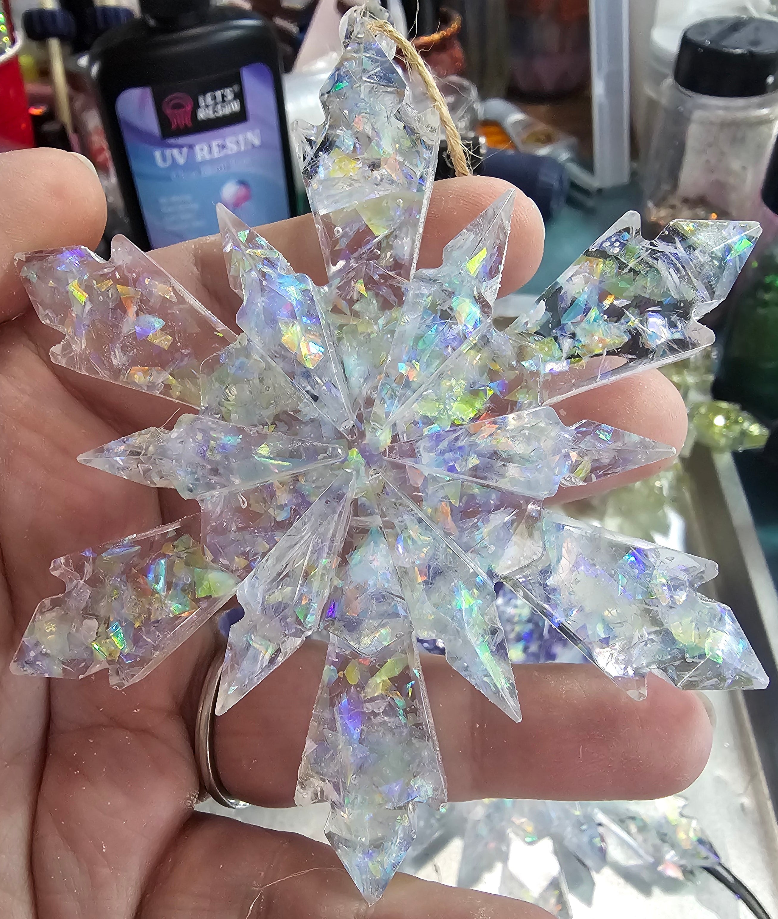 Handmade Resin Snowflake Ornament: Crushed Glass Collection