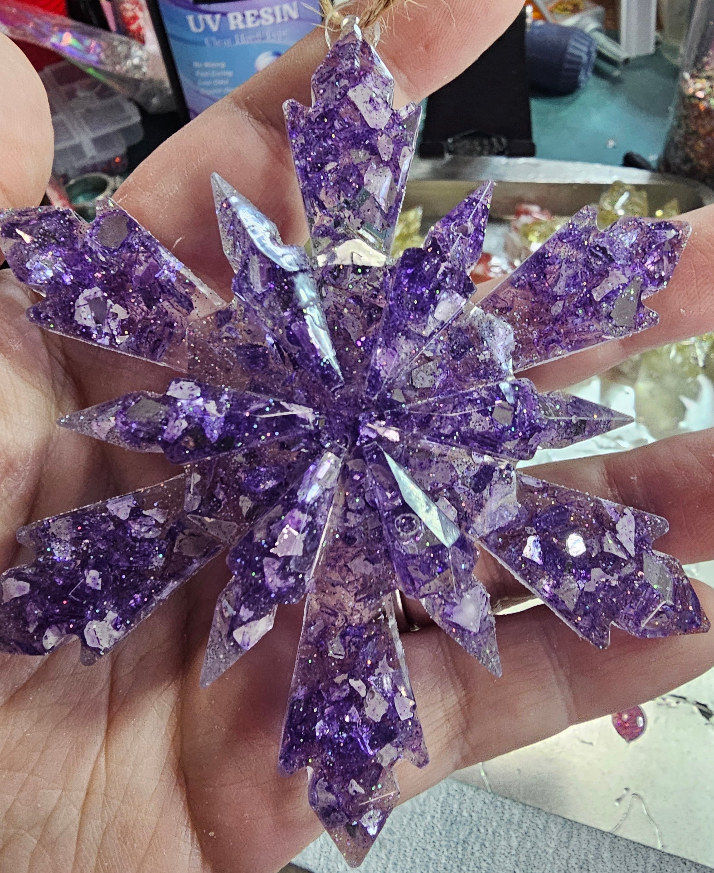 Handmade Resin Snowflake Ornament: Crushed Glass Collection