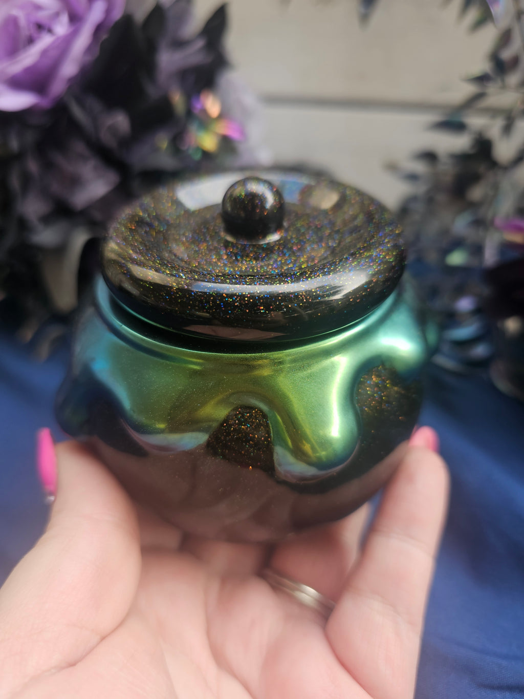 Green Oozy Cauldron Honey Pot Jar | Handmade Resin Spooky Stash Jar