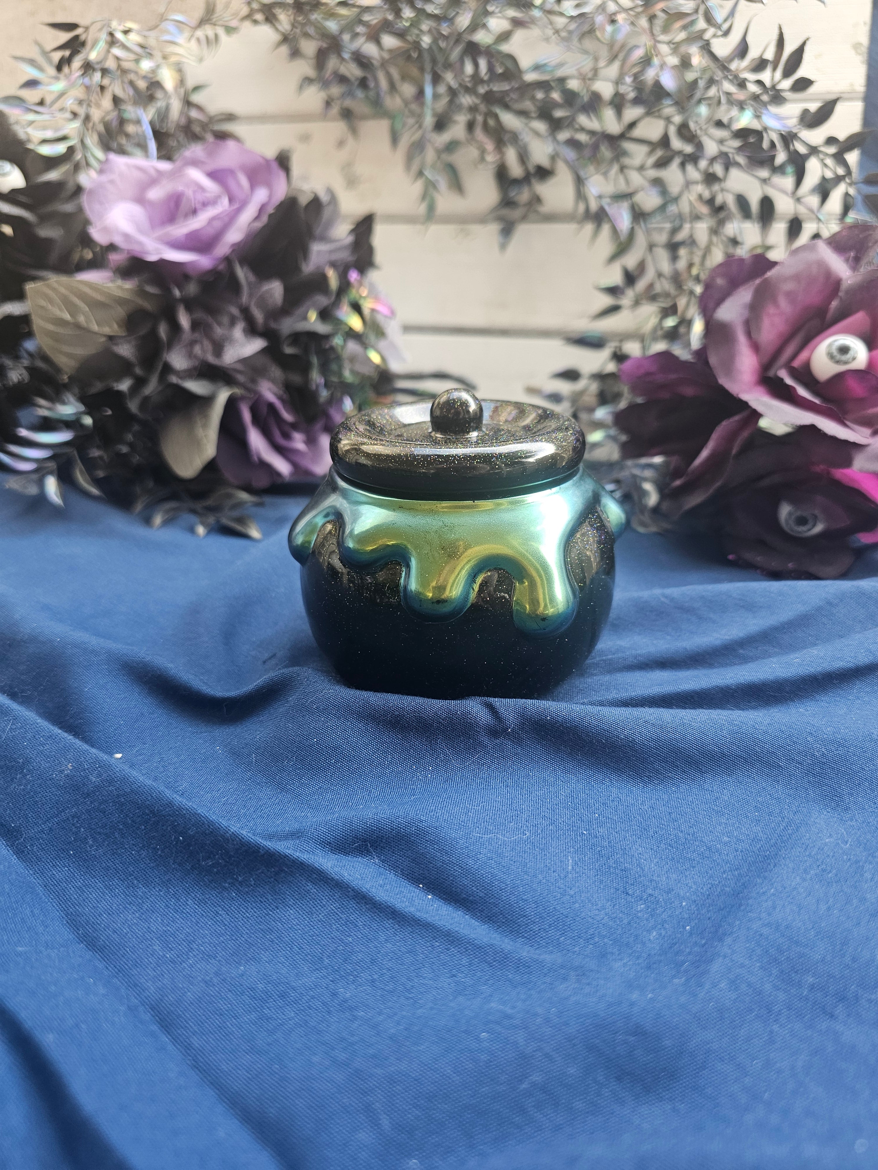 Green Oozy Cauldron Honey Pot Jar | Handmade Resin Spooky Stash Jar