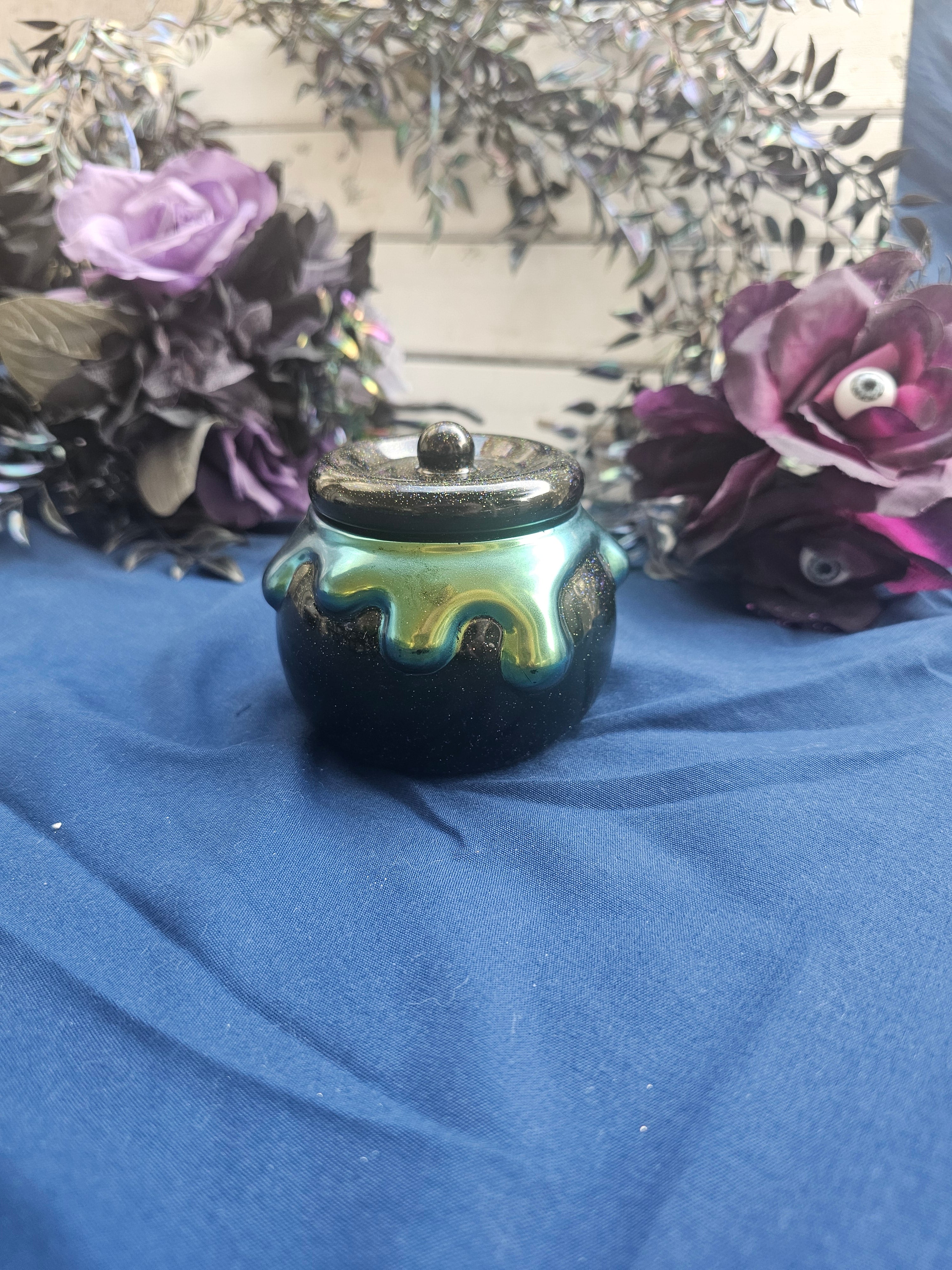 Green Oozy Cauldron Honey Pot Jar | Handmade Resin Spooky Stash Jar