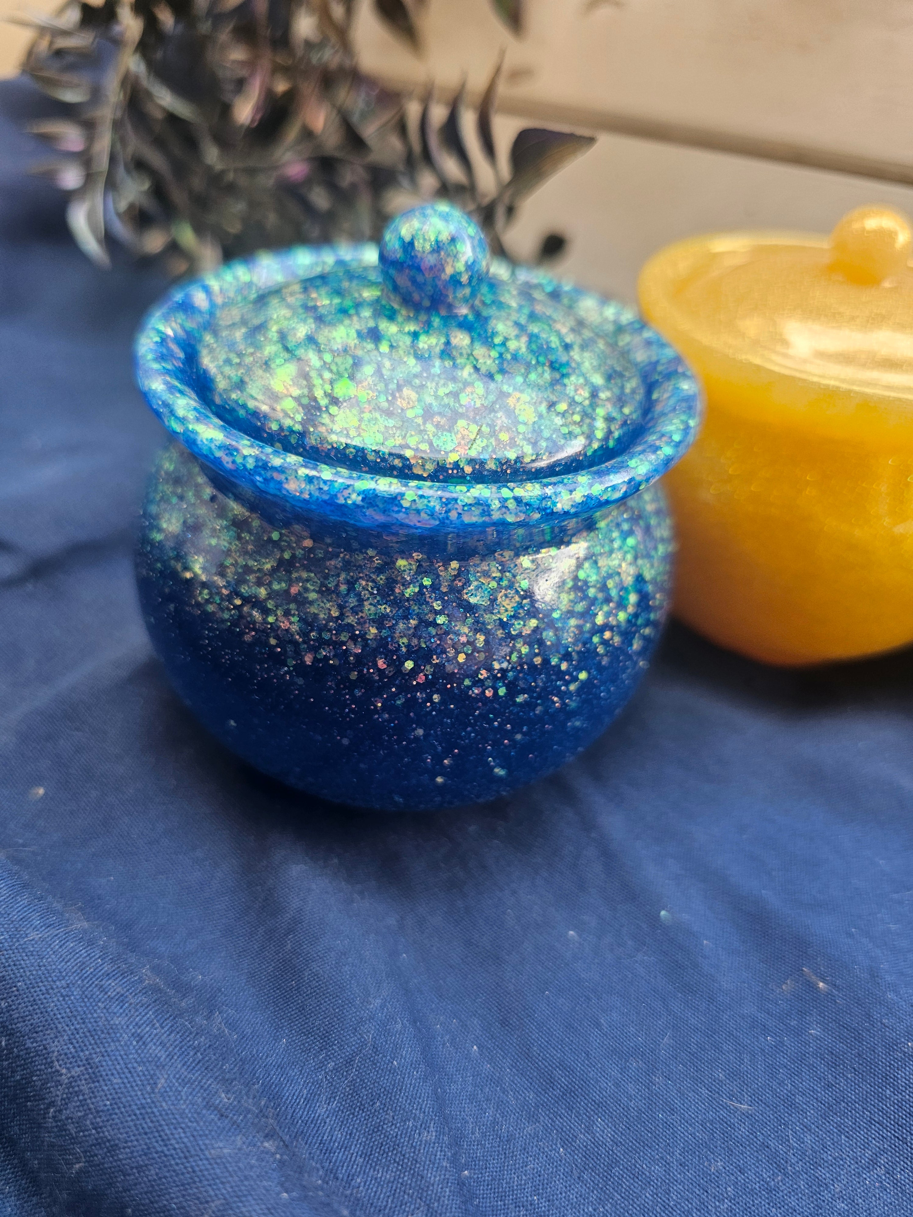 Blue Sparkle Honey Pot Jar | Handmade Resin Stash Jar with Lid
