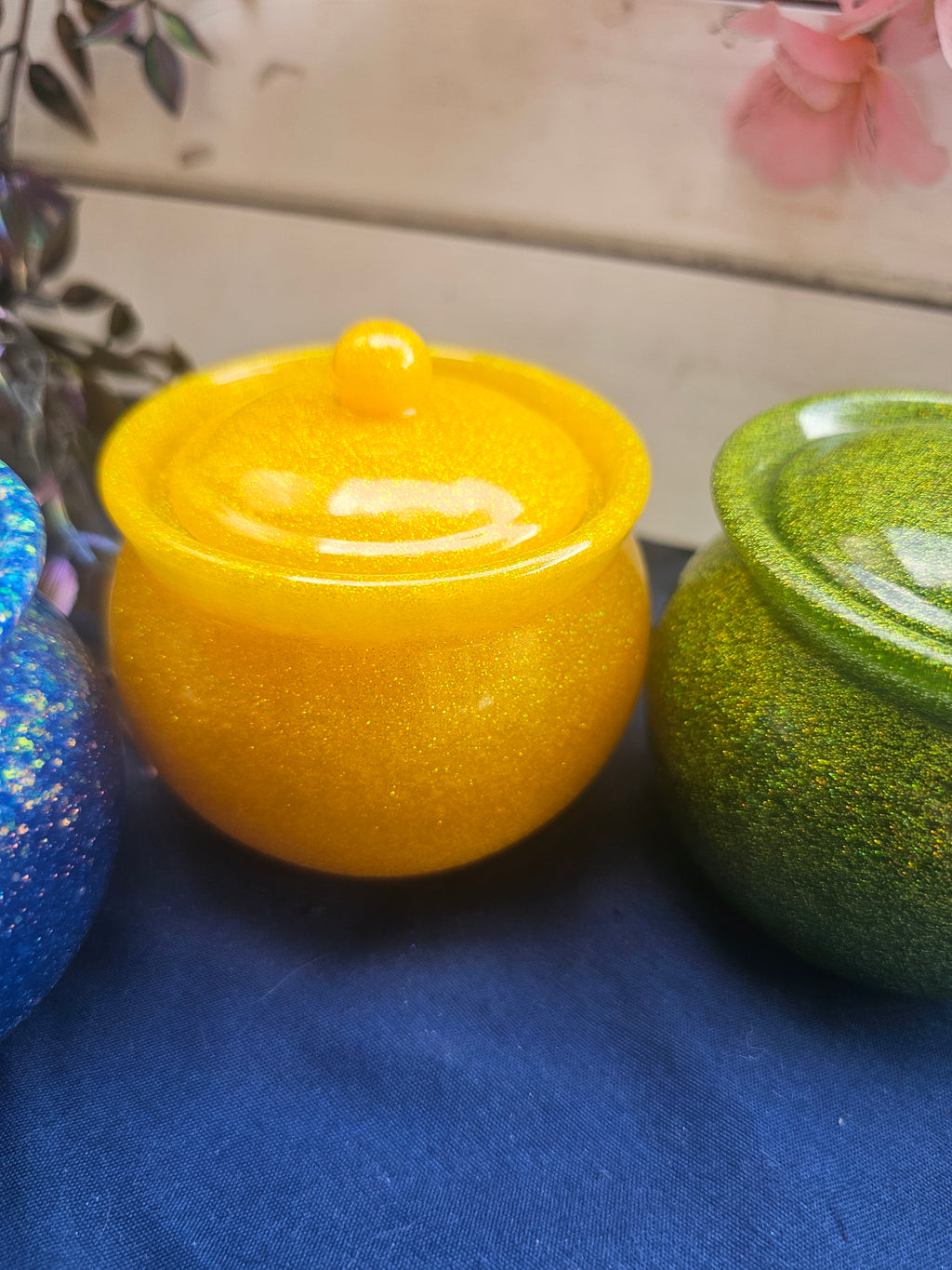 Yellow Sparkle Honey Pot Jar | Handmade Resin Stash Jar with Lid