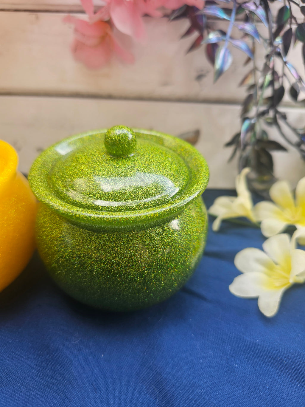 Peridot Sparkle Honey Pot Jar | Handmade Resin Stash Jar with Lid