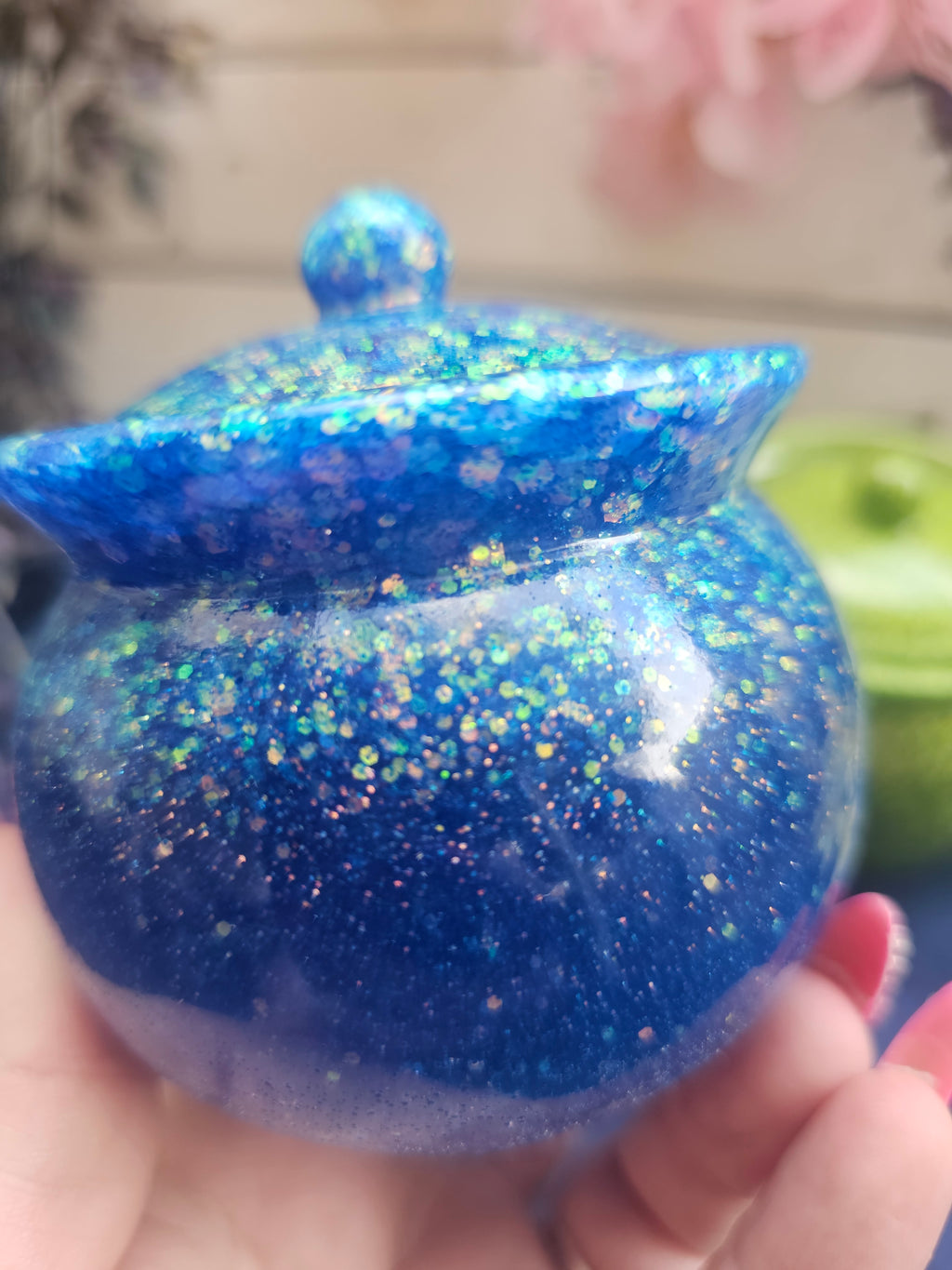 Blue Sparkle Honey Pot Jar | Handmade Resin Stash Jar with Lid