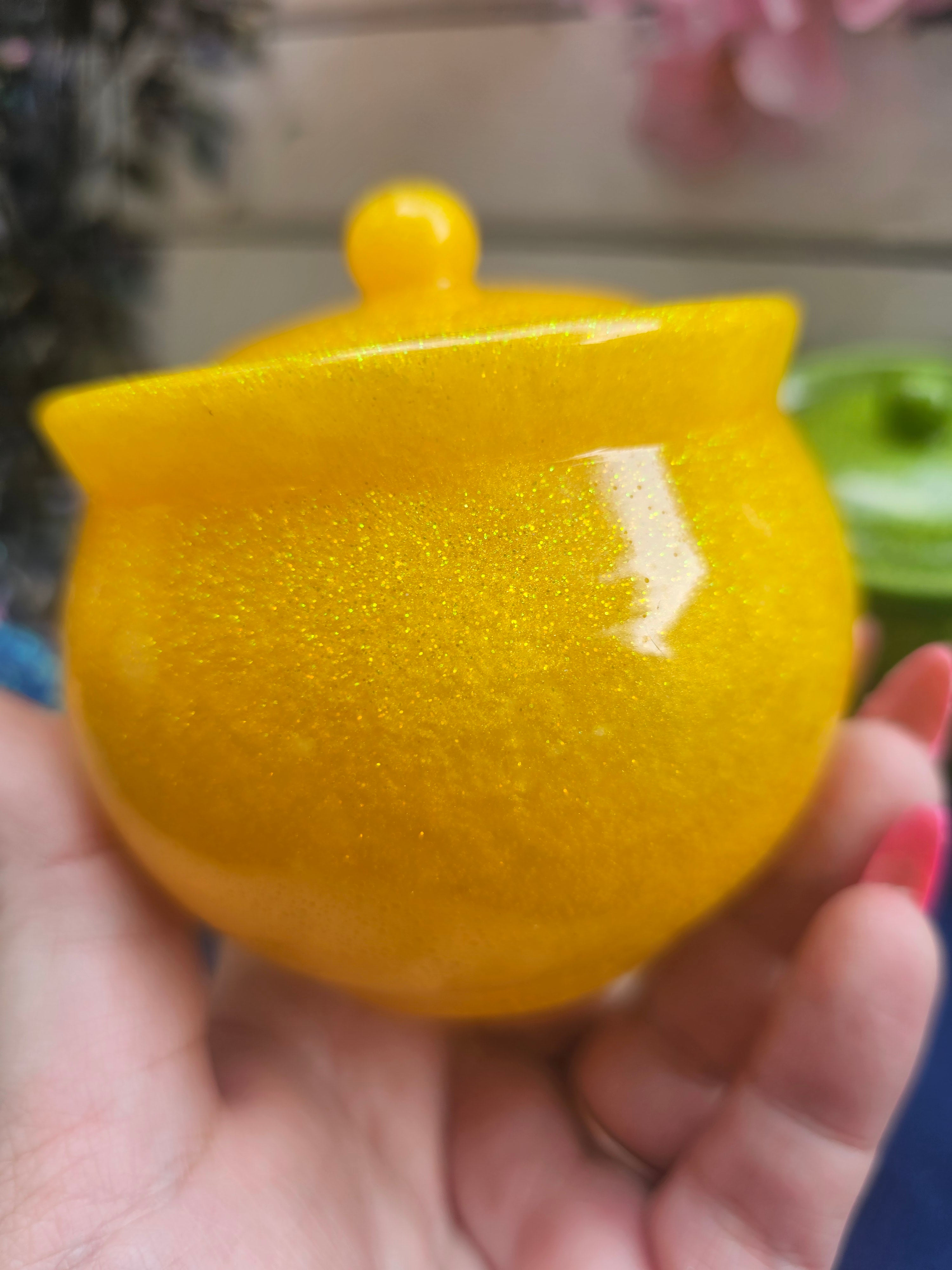 Yellow Sparkle Honey Pot Jar | Handmade Resin Stash Jar with Lid