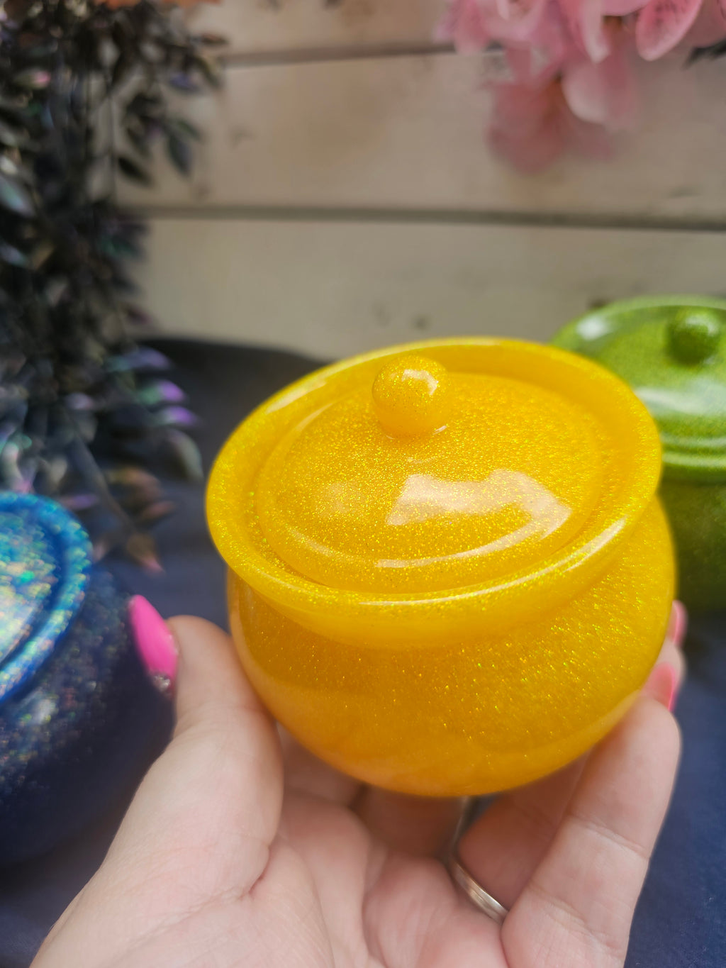 Yellow Sparkle Honey Pot Jar | Handmade Resin Stash Jar with Lid