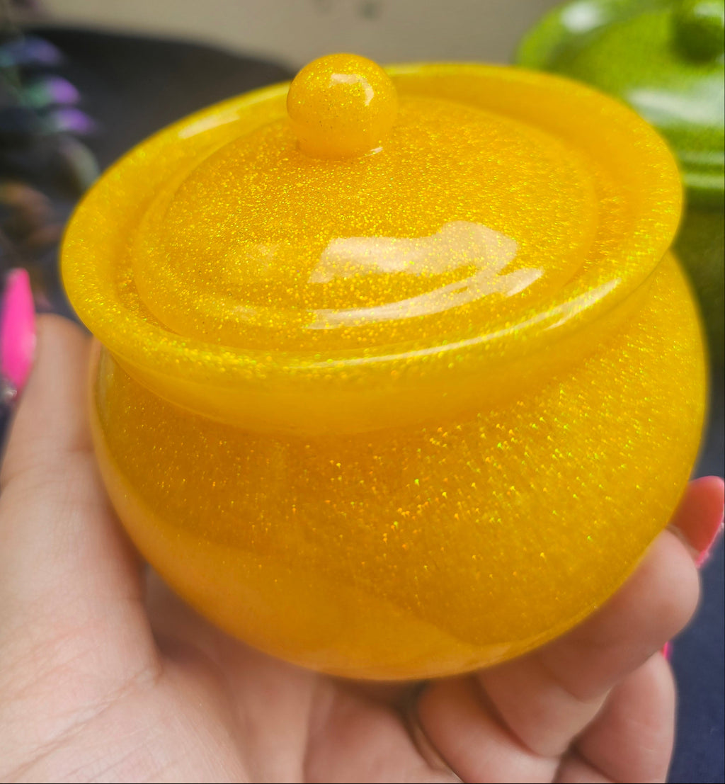 Yellow Sparkle Honey Pot Jar | Handmade Resin Stash Jar with Lid