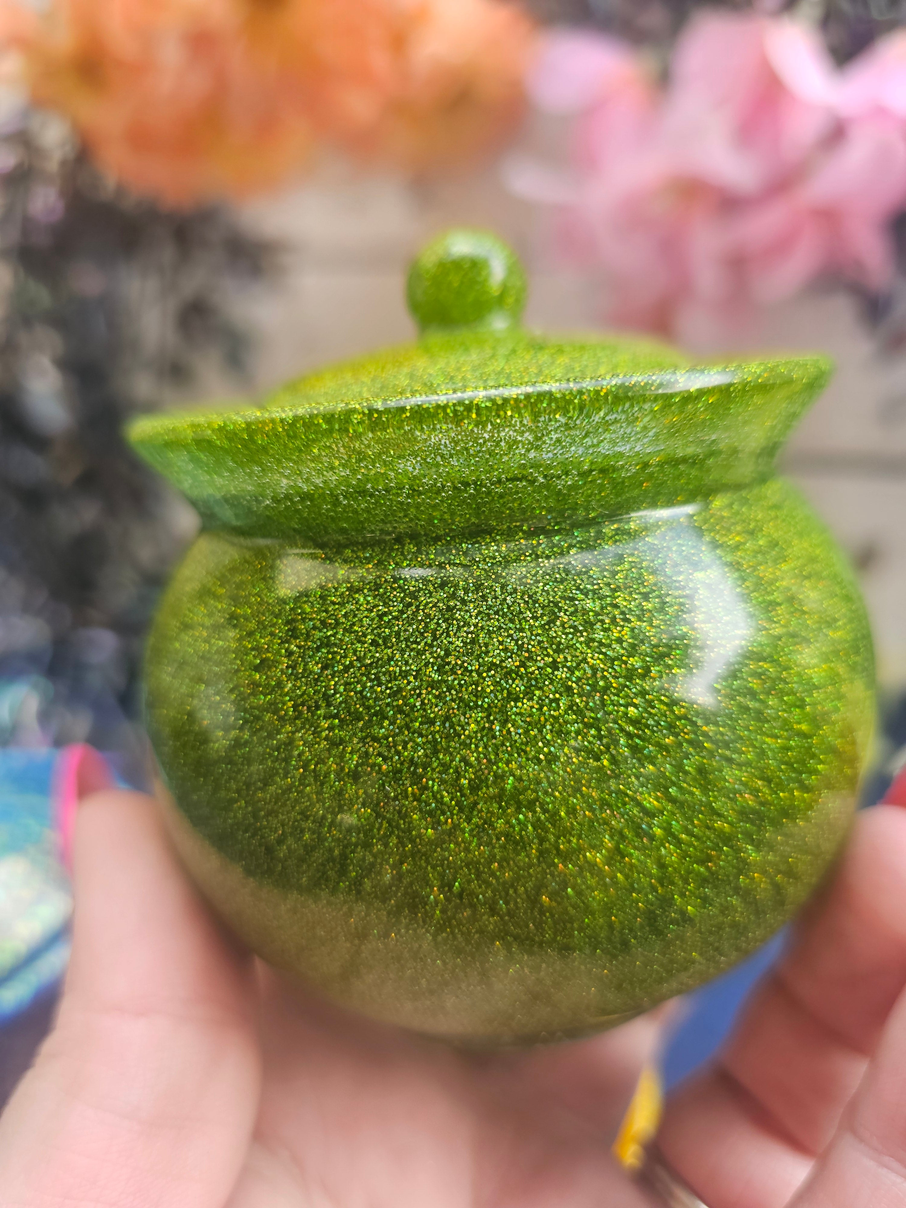 Peridot Sparkle Honey Pot Jar | Handmade Resin Stash Jar with Lid