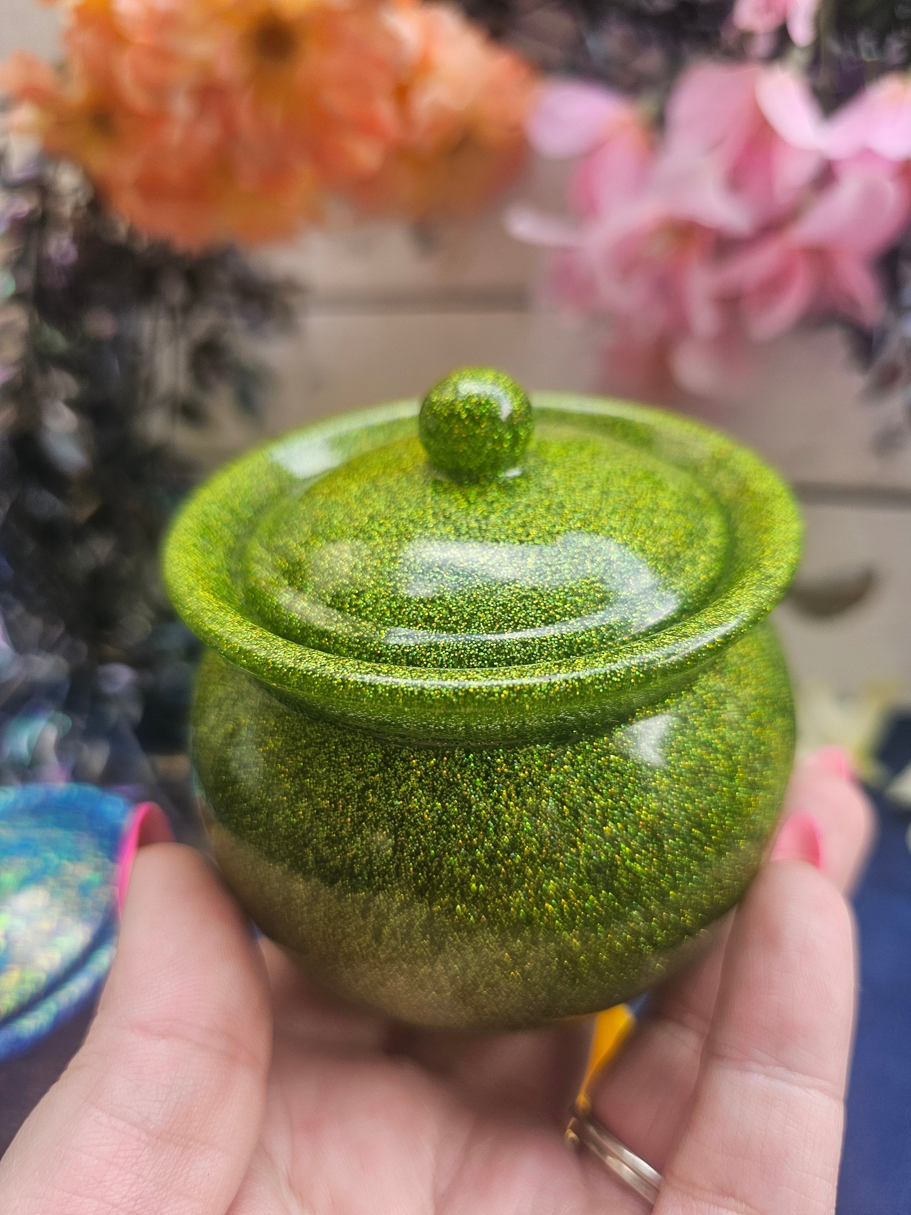 Peridot Sparkle Honey Pot Jar | Handmade Resin Stash Jar with Lid