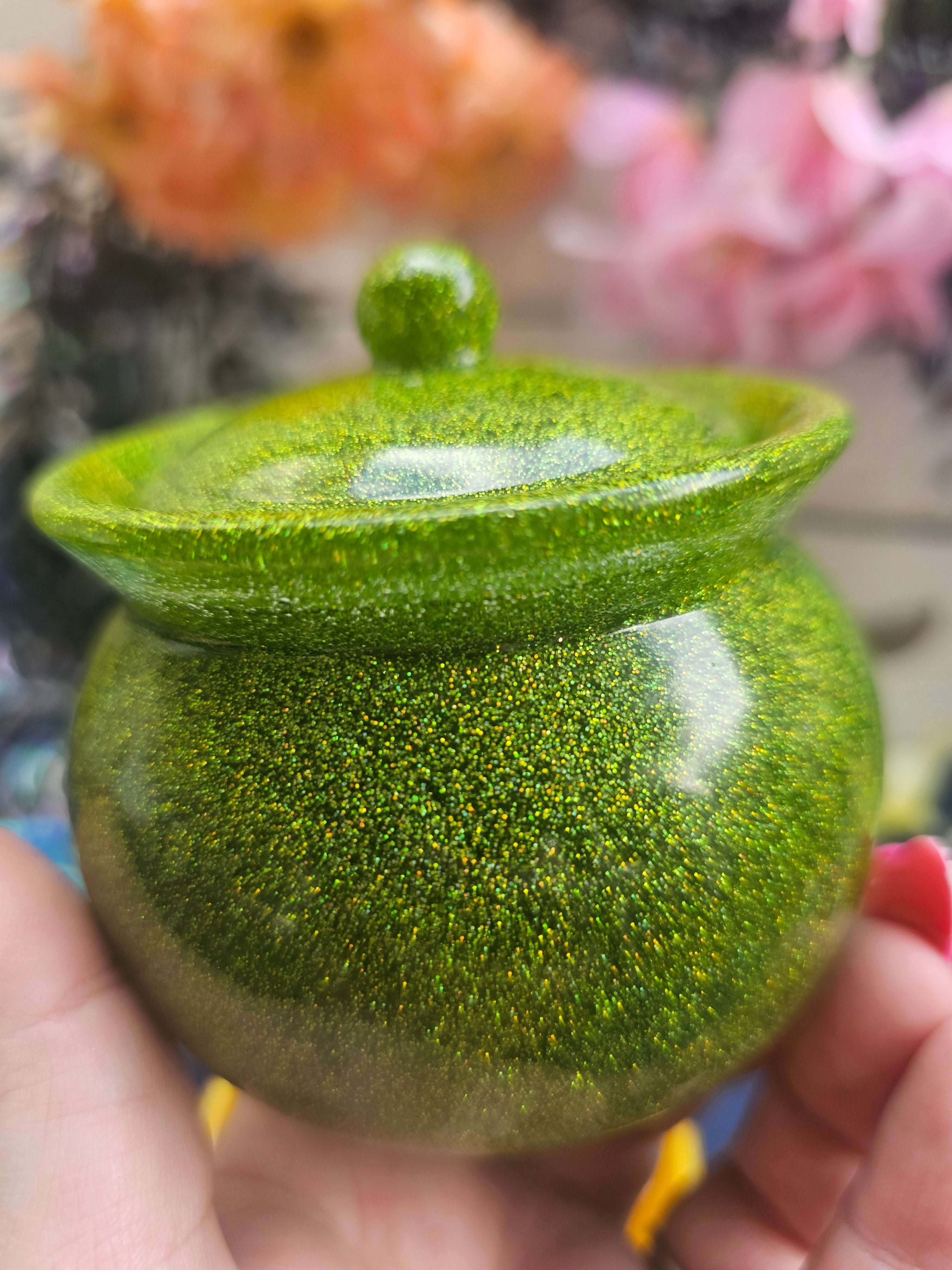 Peridot Sparkle Honey Pot Jar | Handmade Resin Stash Jar with Lid