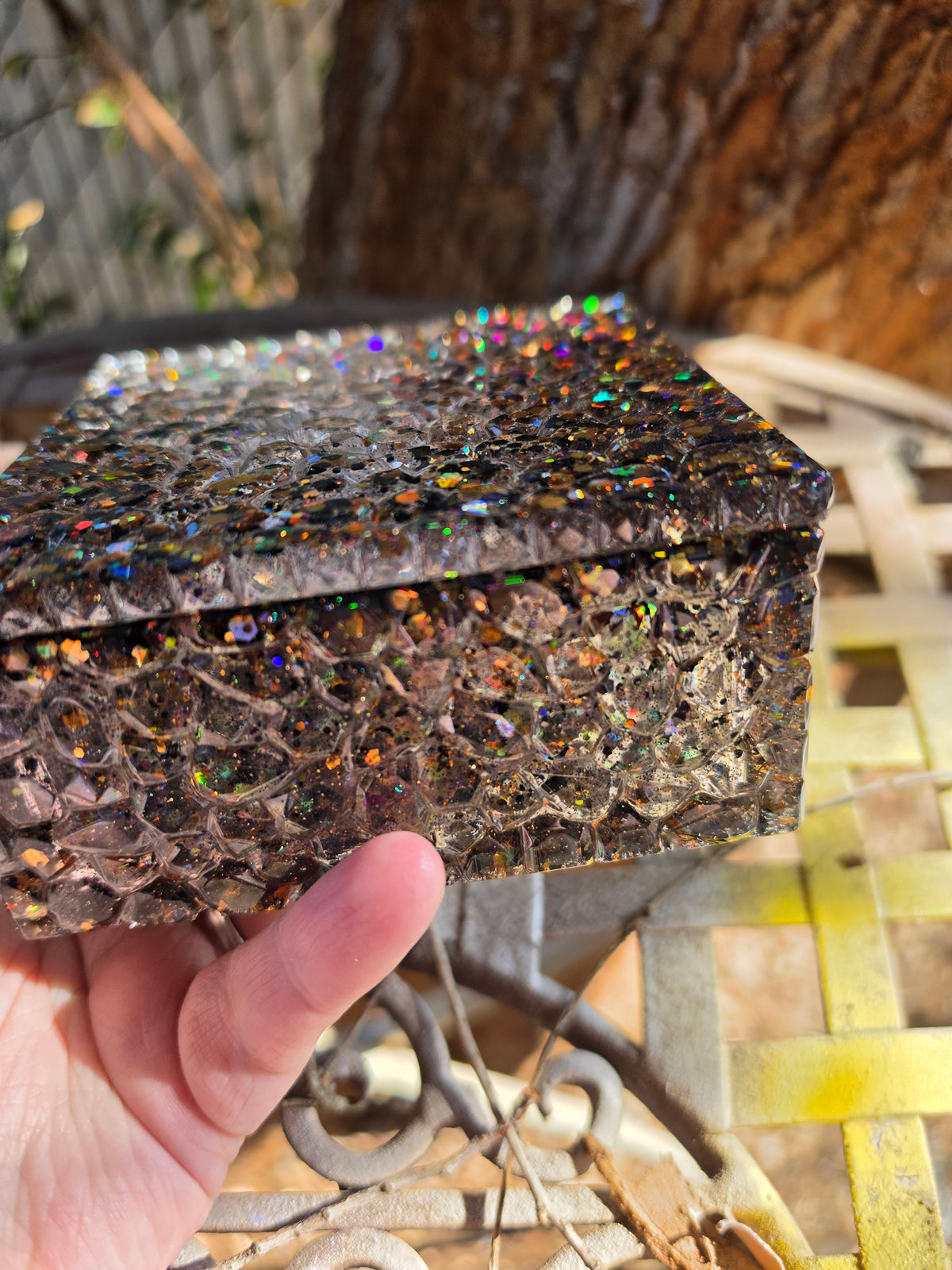 Black & Gold Holographic Glitter Stash Box | Handmade Resin Trinket Box