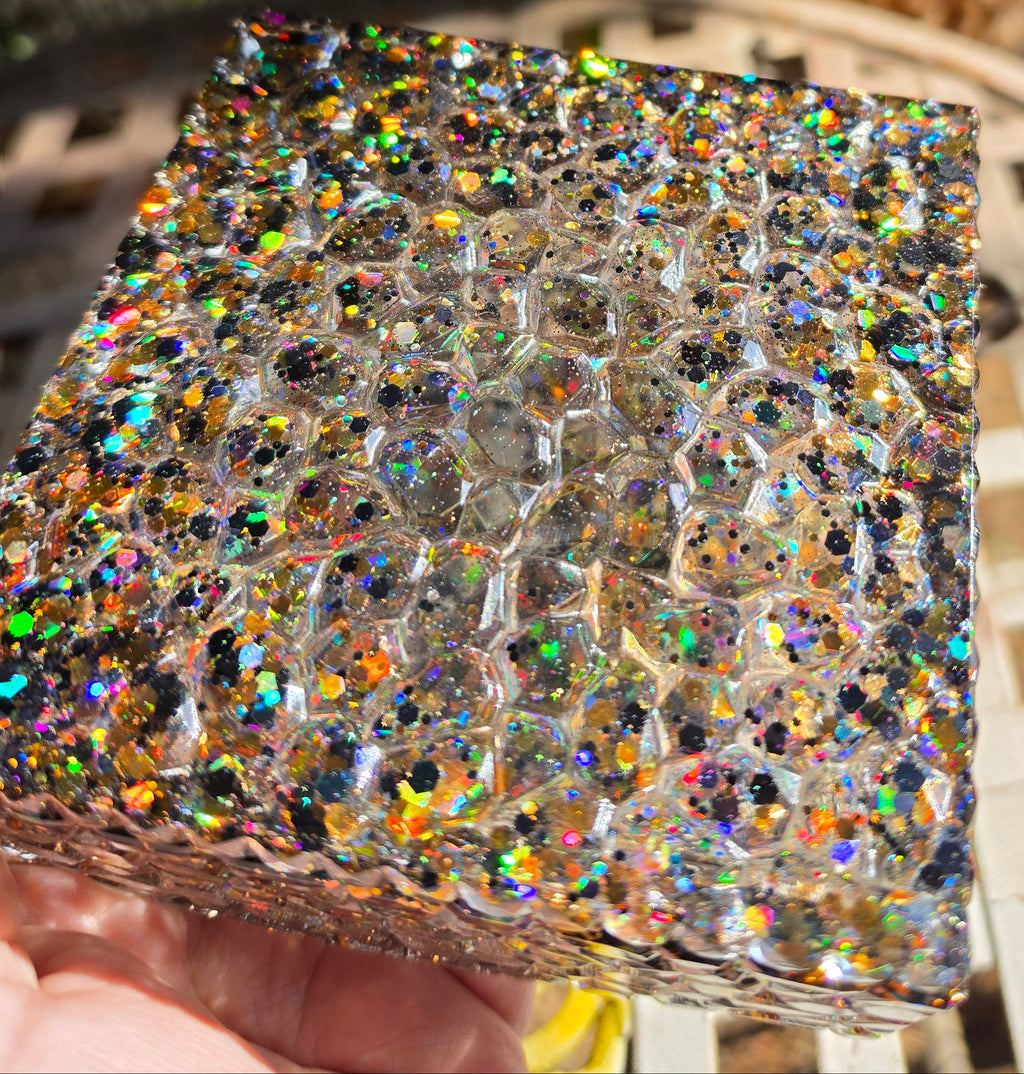 Black & Gold Holographic Glitter Stash Box | Handmade Resin Trinket Box