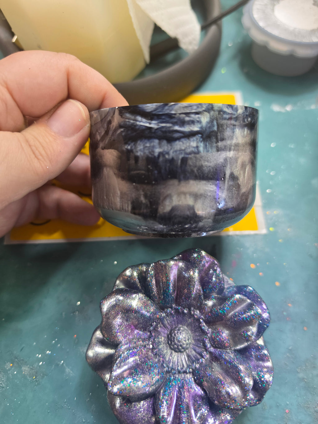 Legacy Jar floral lid sparkling blue and purple in sunlight