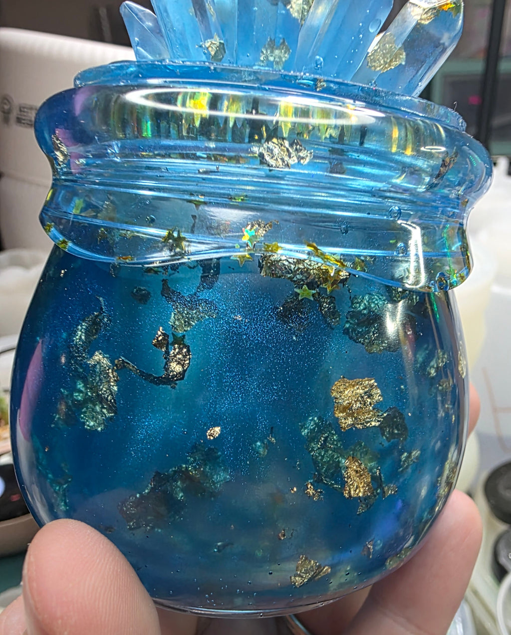 Starlit Alchemy Crystal Jar | One-of-a-Kind Blue & Gold Resin Trinket Jar