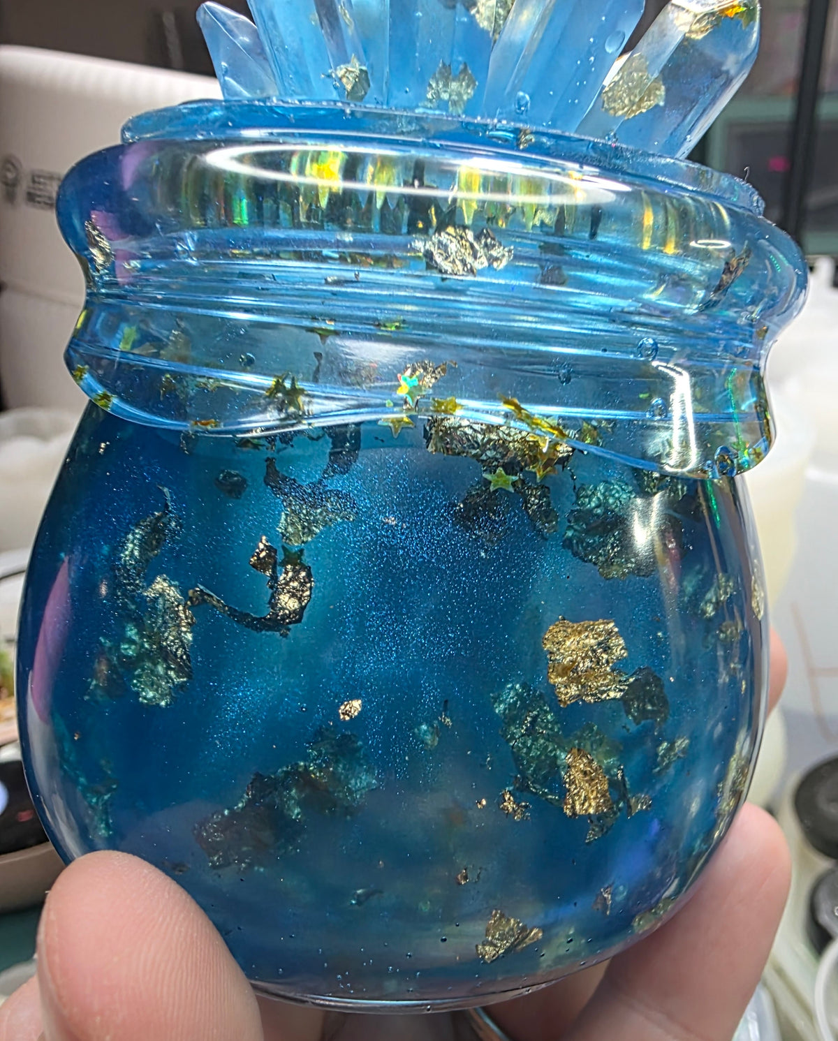 Starlit Alchemy Crystal Jar | One-of-a-Kind Blue & Gold Resin Trinket Jar