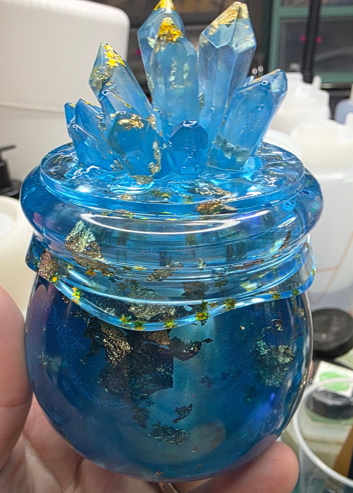 Starlit Alchemy Crystal Jar | One-of-a-Kind Blue & Gold Resin Trinket Jar