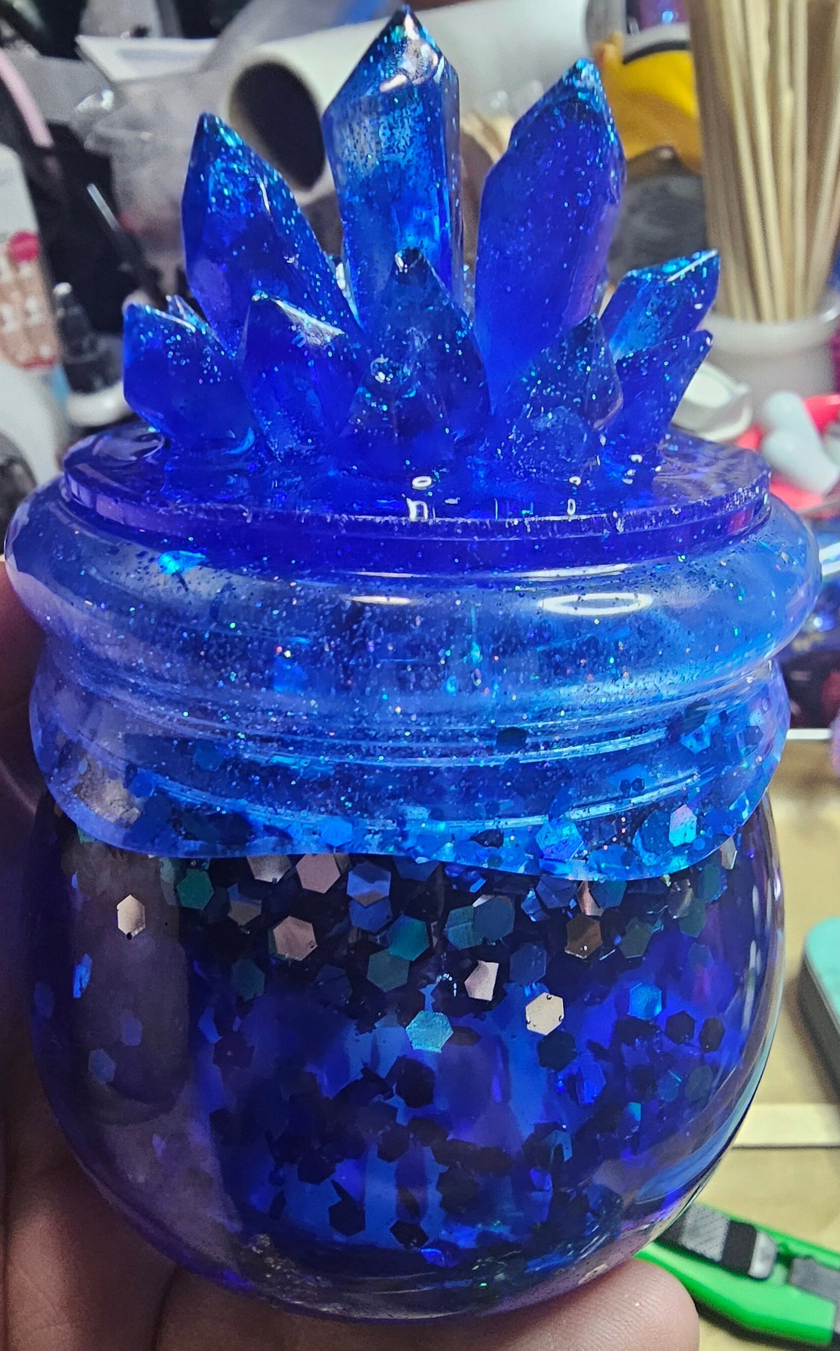 Blue Sapphire Crystal Cauldron Resin Jar | Handmade Witchy Decor & Stash Box
