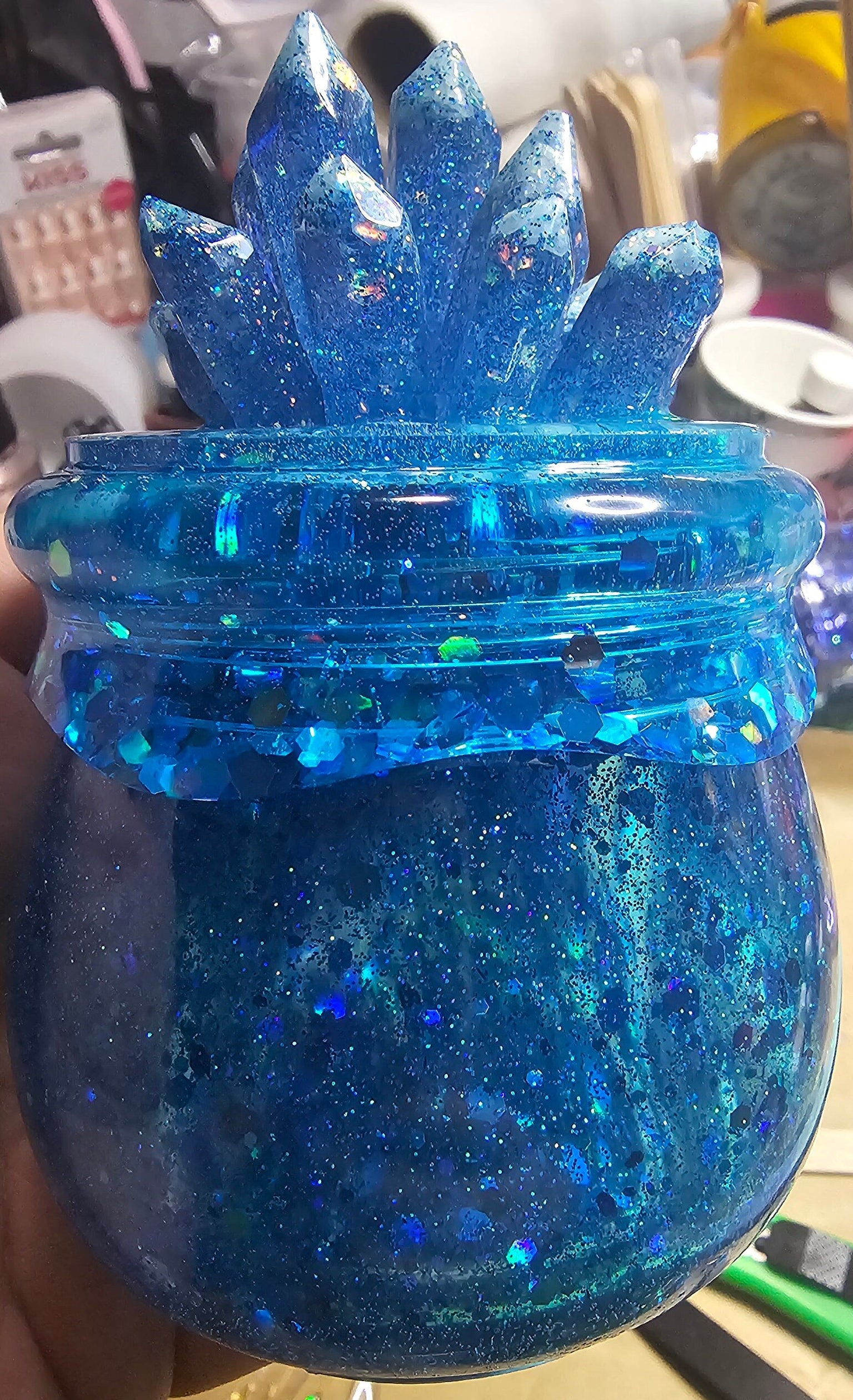 Blue Topaz Crystal Cauldron Resin Jar | Handmade Witchy Decor & Stash Box