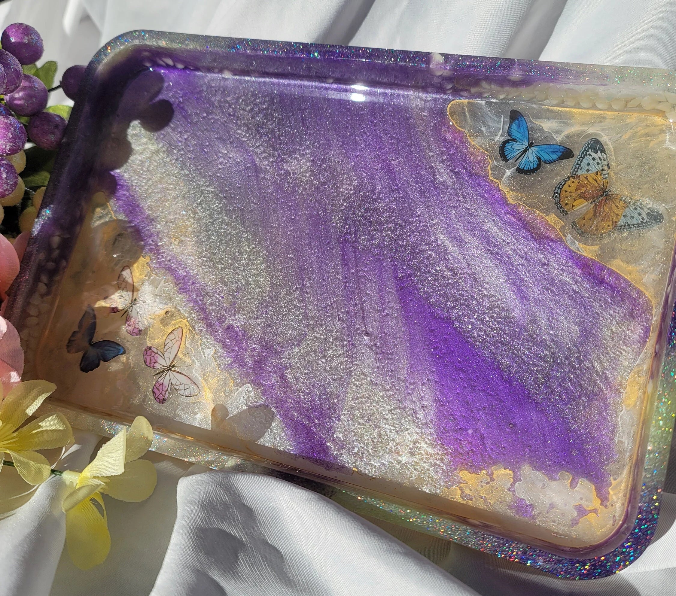 Handmade Butterfly Resin Vanity Tray | Purple & Mint with Butterfly Inclusions