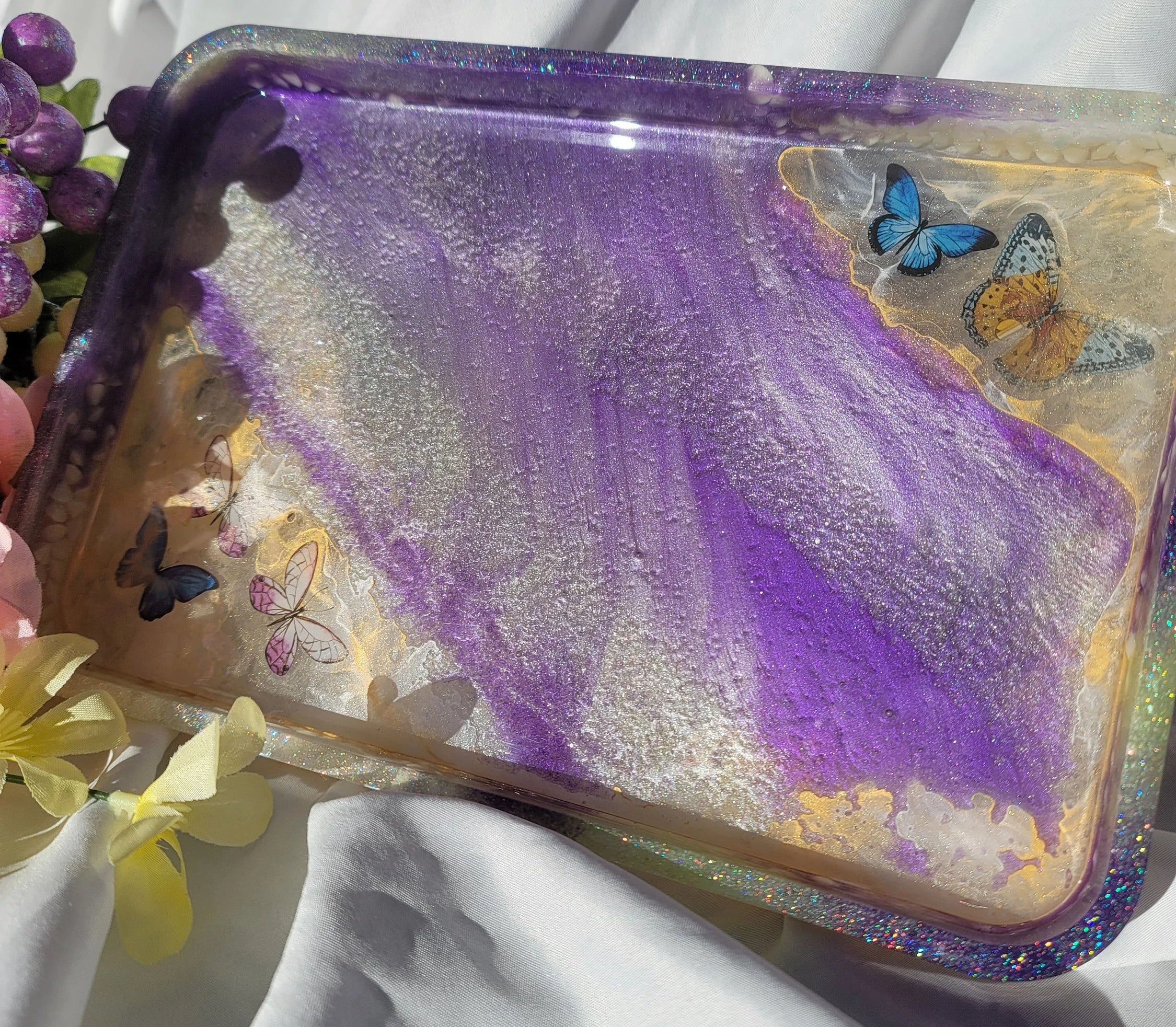 Handmade Butterfly Resin Vanity Tray | Purple & Mint with Butterfly Inclusions