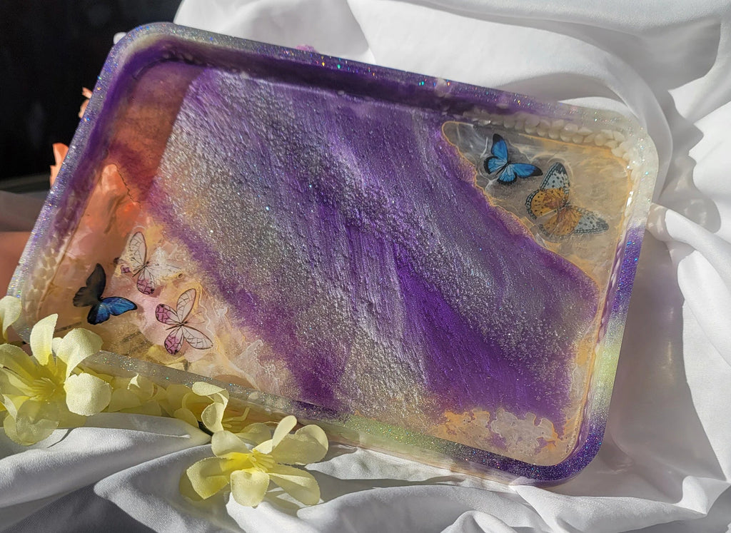 Handmade Butterfly Resin Vanity Tray | Purple & Mint with Butterfly Inclusions