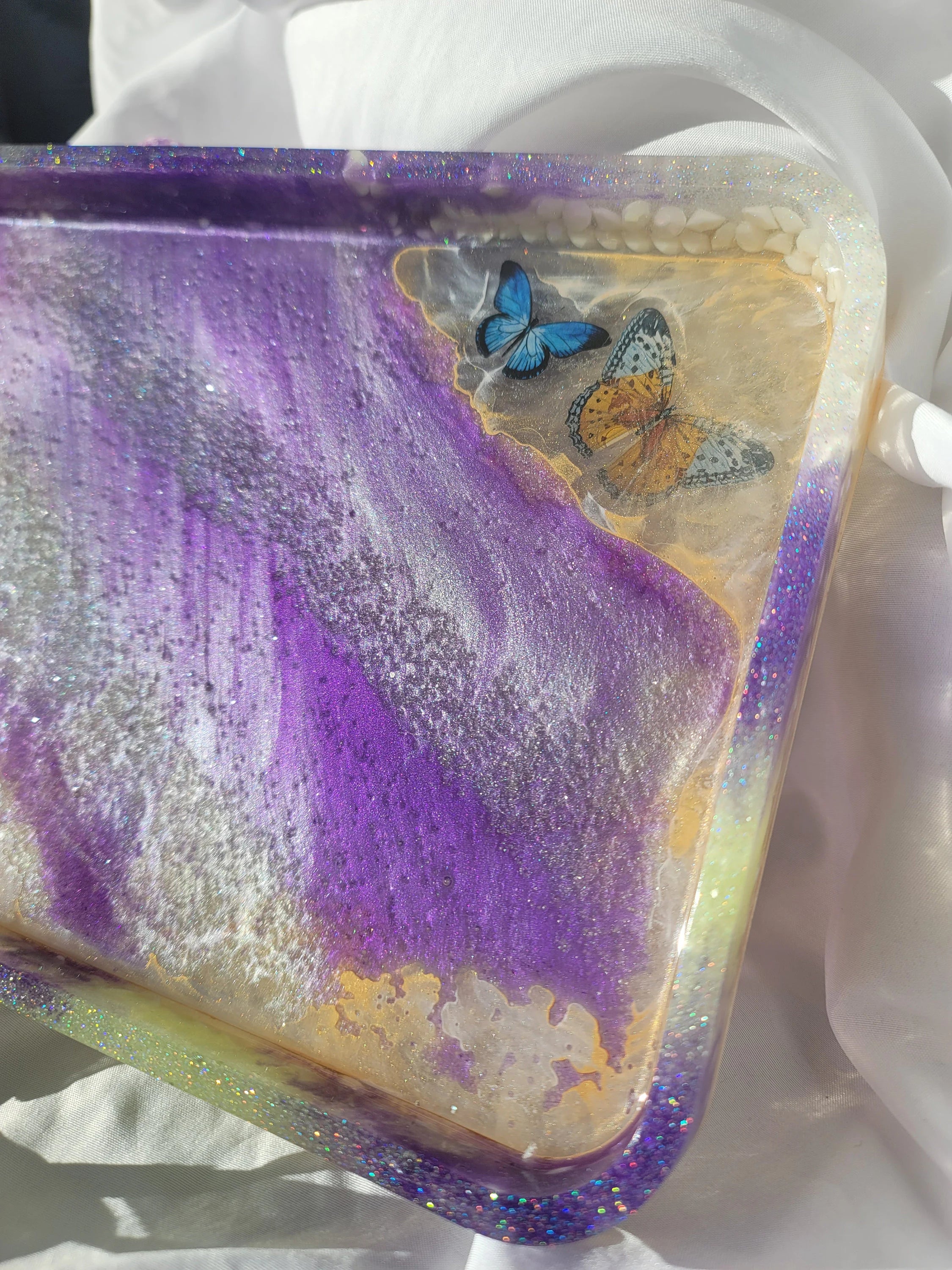Handmade Butterfly Resin Vanity Tray | Purple & Mint with Butterfly Inclusions