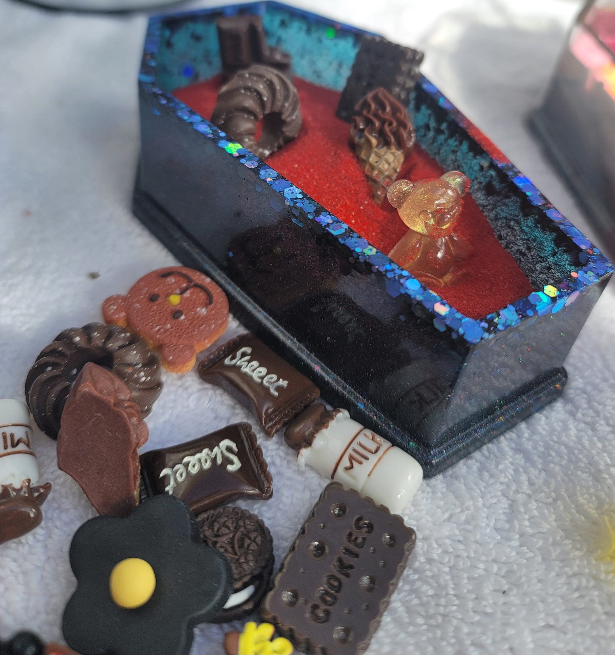 Resin Coffin Zen Garden: Desk Decor with Charms, sand and a shovel - Chocolate Theme