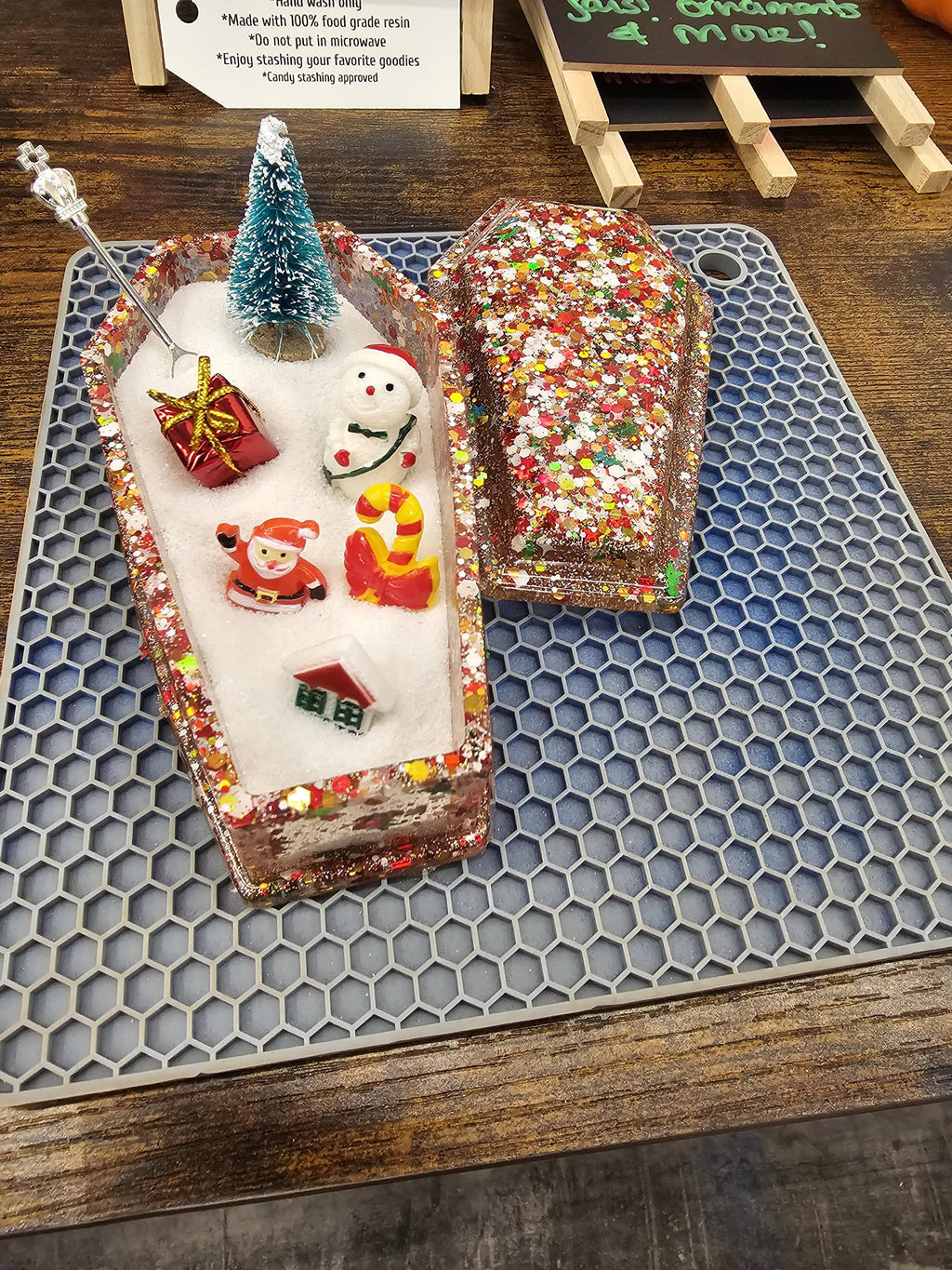 Resin Coffin Zen Garden: Desk Decor with Charms, a tree, sand and a Shovel - Christmas Theme