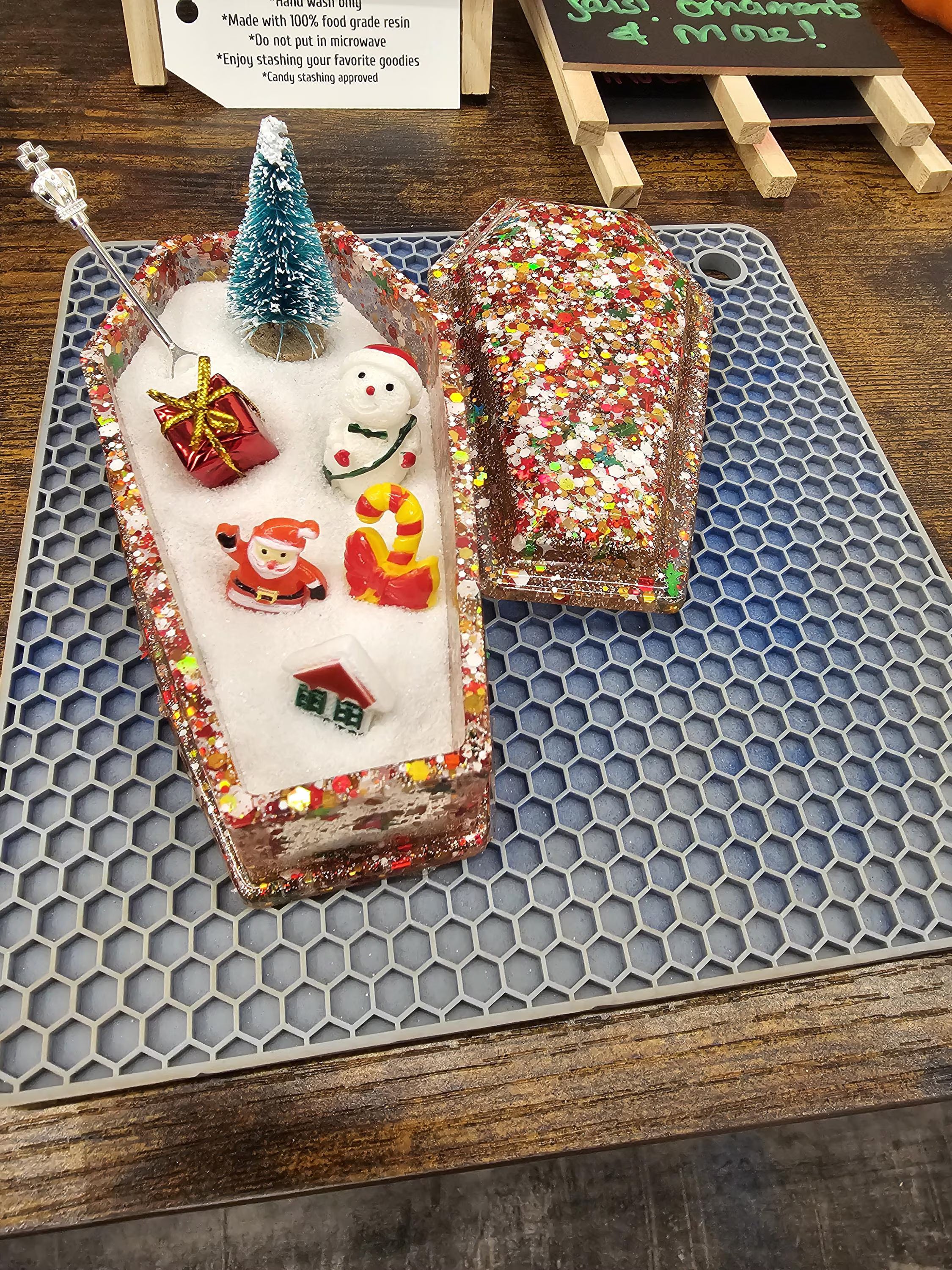 Resin Coffin Zen Garden: Desk Decor with Charms, a tree, sand and a Shovel - Christmas Theme