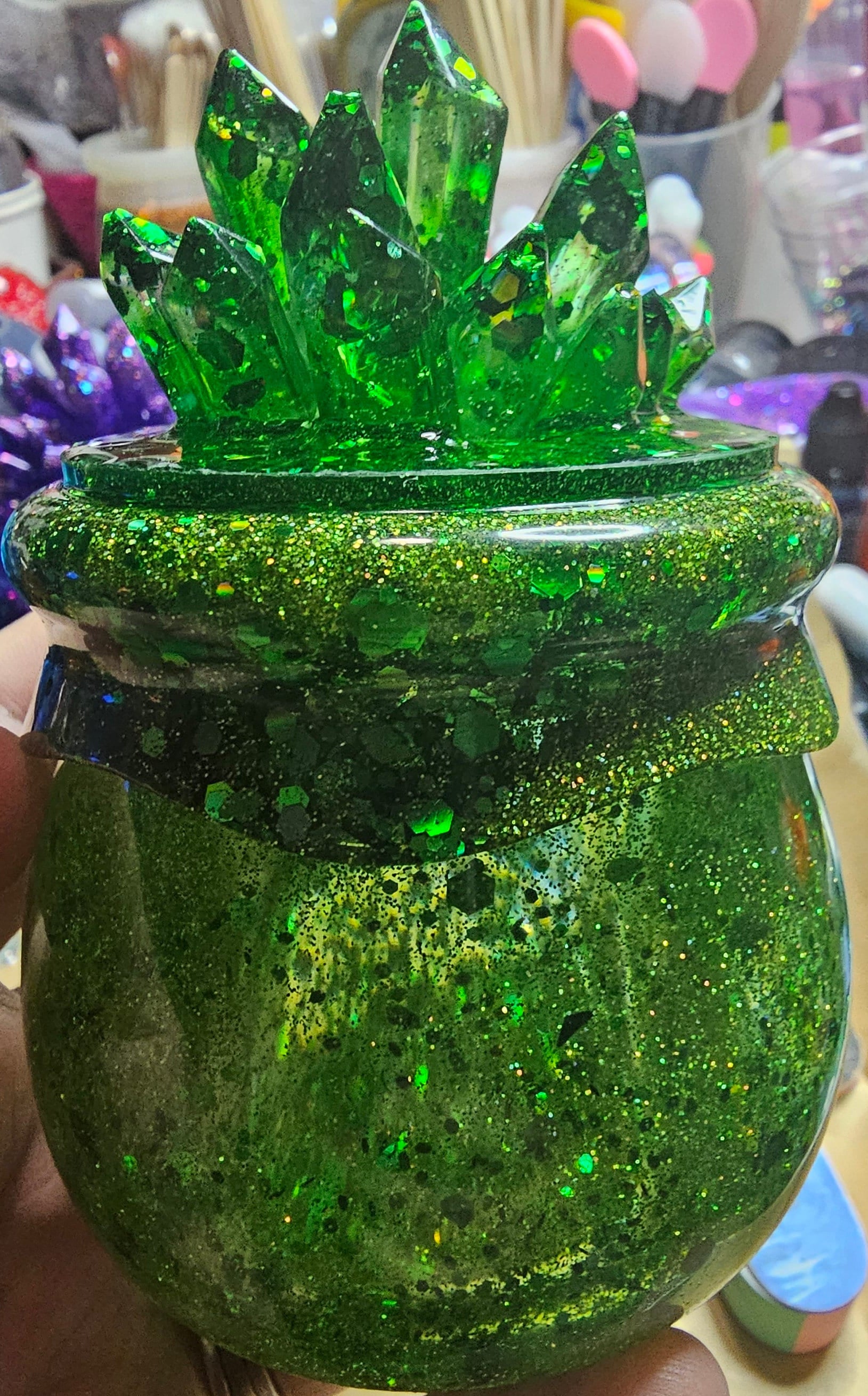 Green Emerald Crystal Cauldron Resin Jar | Handmade Witchy Decor & Stash Box