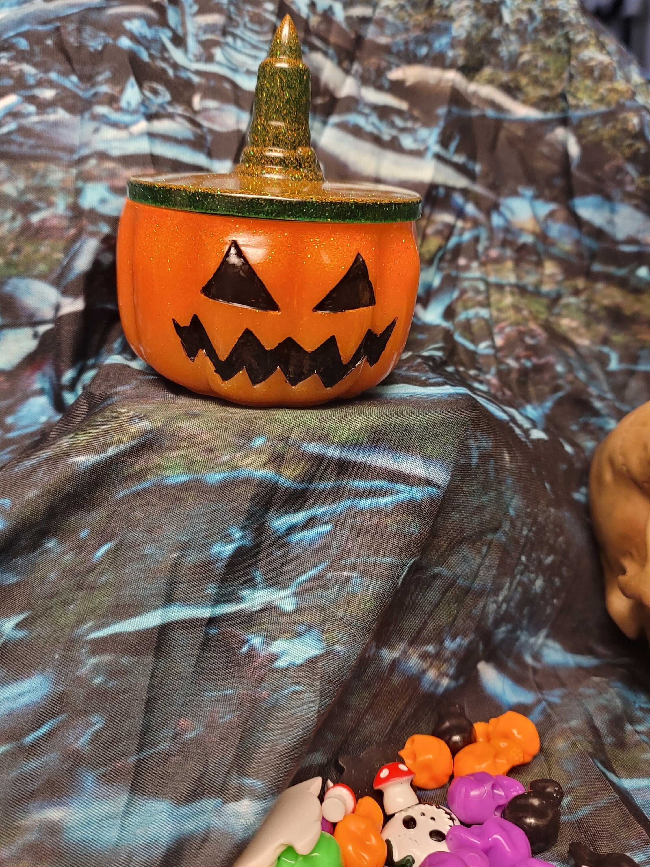 Jack-O-Lantern Resin Stash Jar | Handmade Spooky Halloween Decor