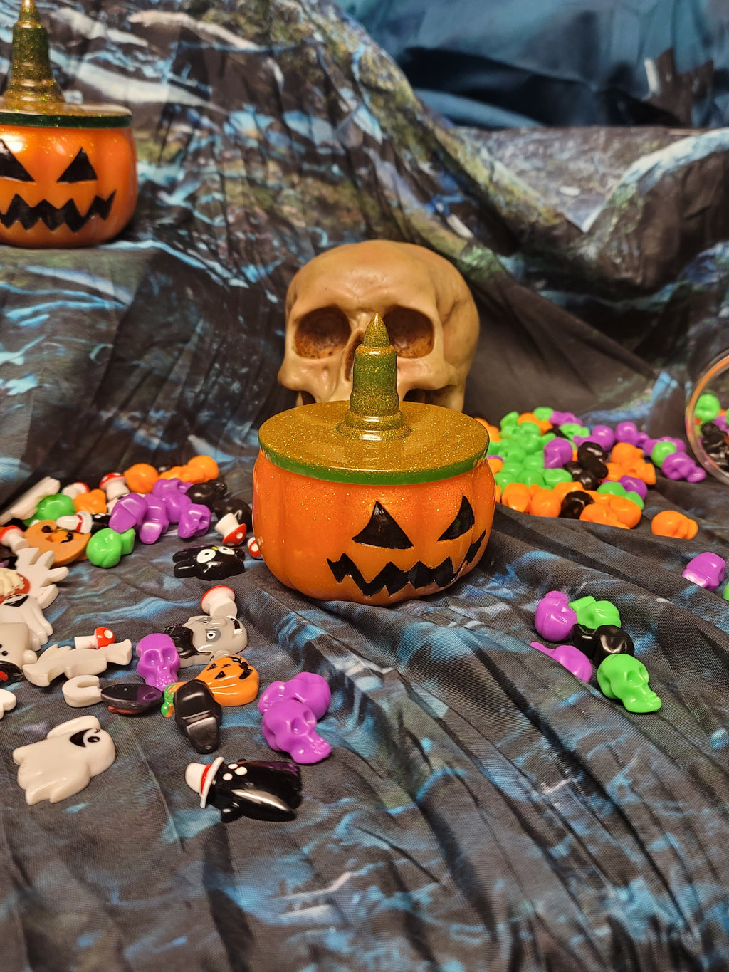 Jack-O-Lantern Resin Stash Jar | Handmade Spooky Halloween Decor