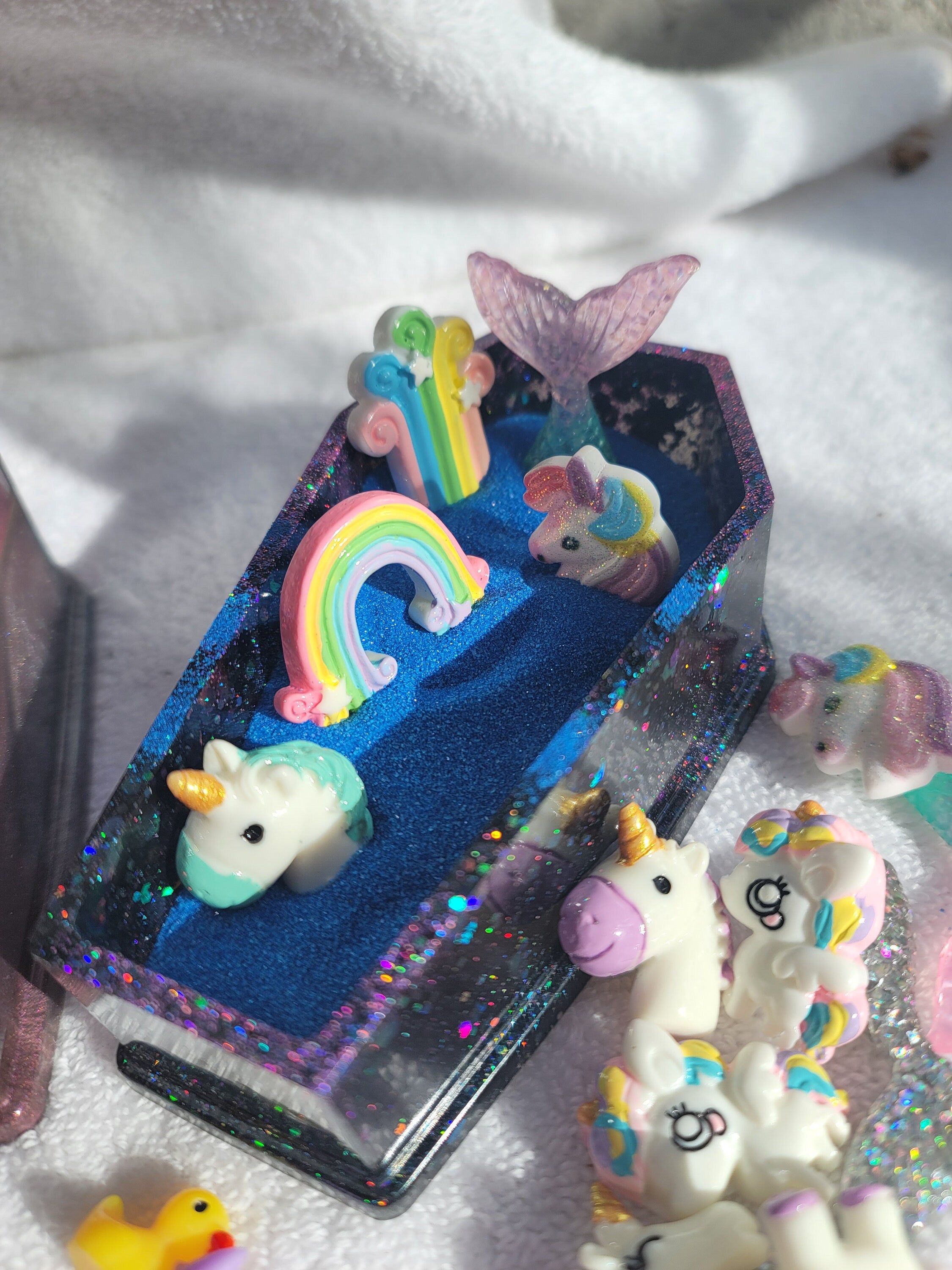 Resin Coffin Zen Garden: Desk Decor with Charms, ducks, sand and a Shovel - Magical Unicorn Theme