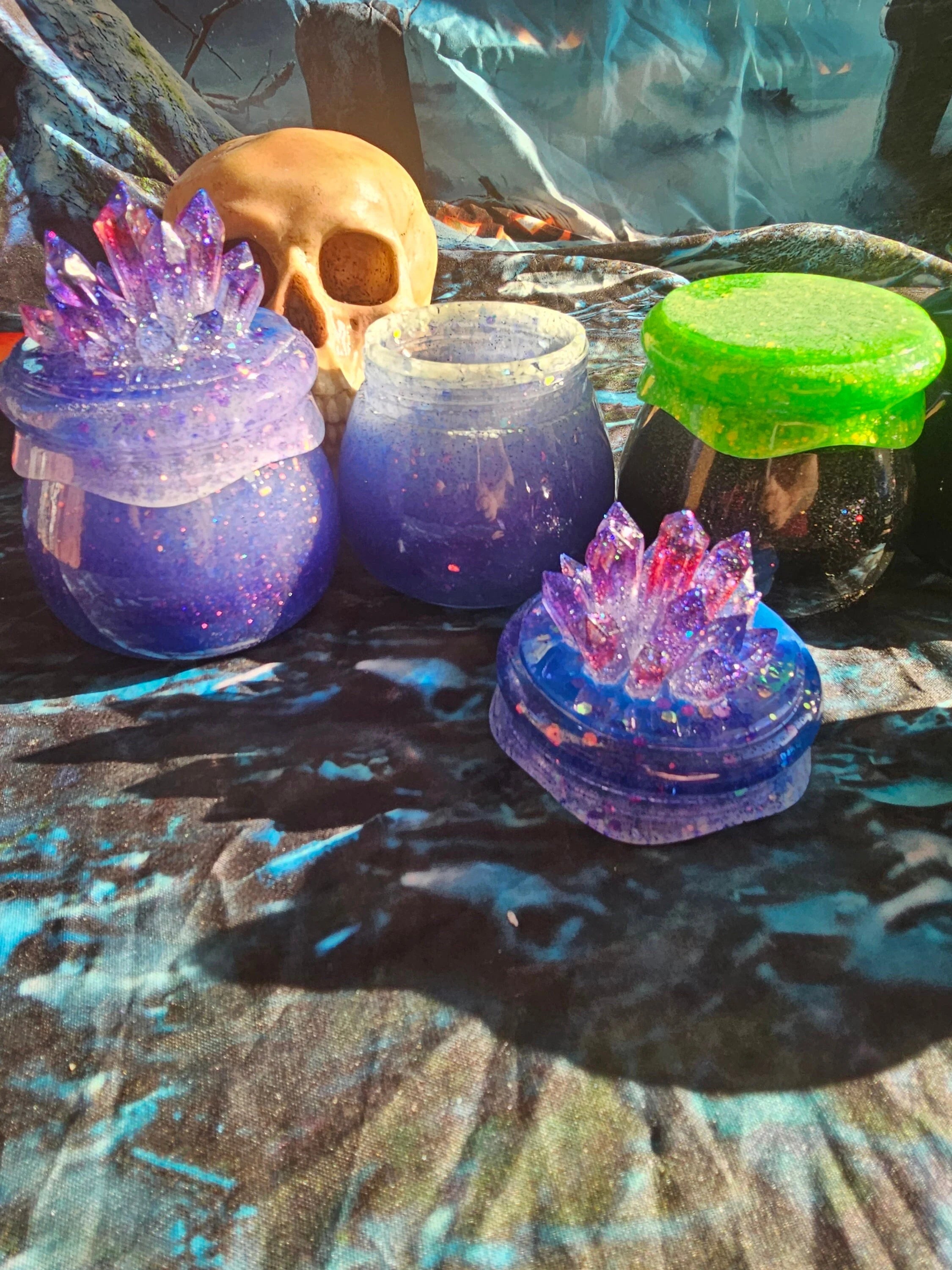 Glow Purple/Blue - Fluorite Crystal Cauldron Jar: Witchy Stash Box & Trinket Jar