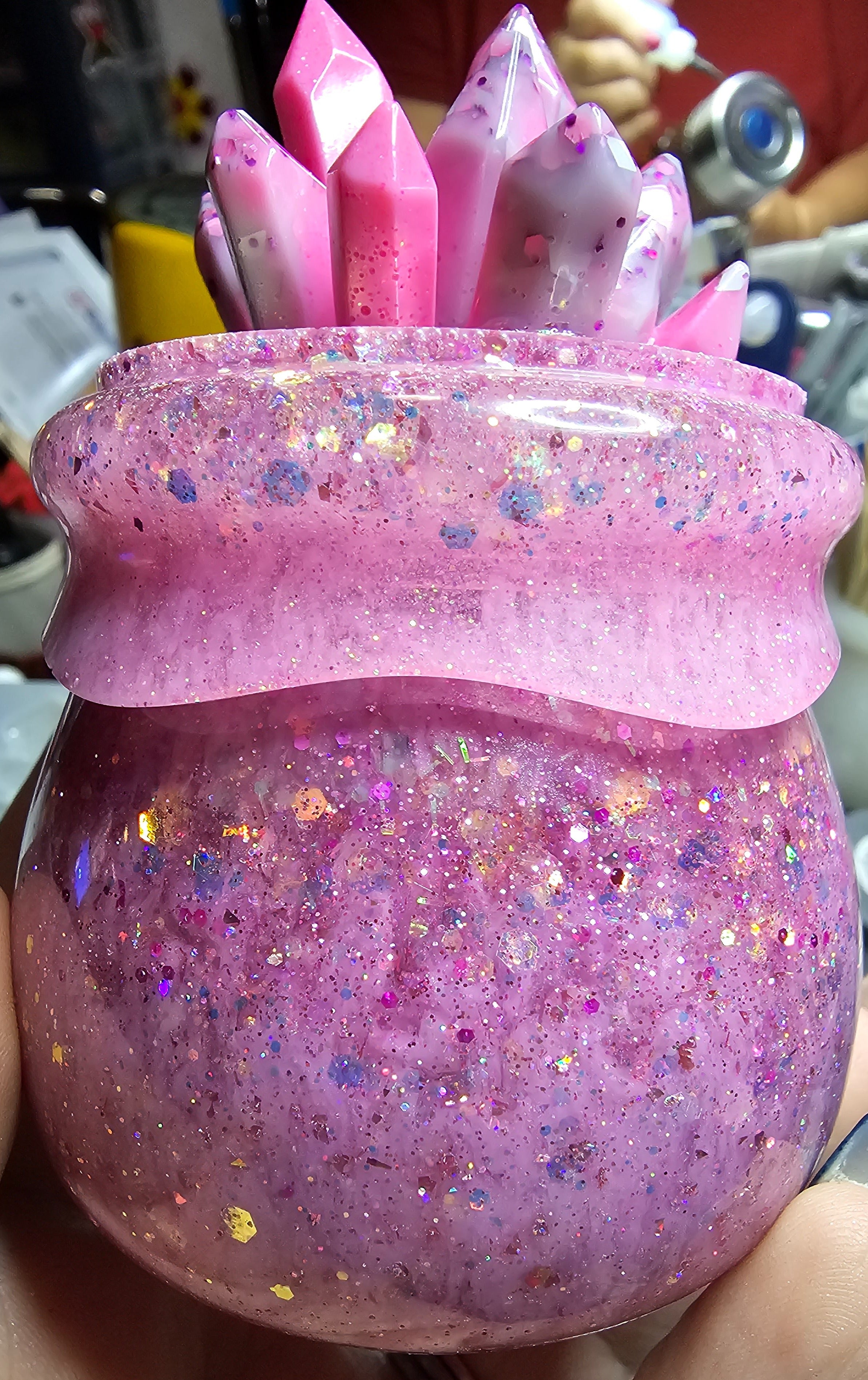 Pink Sapphire Crystal Cauldron Resin Jar | Handmade Witchy Decor & Stash Box