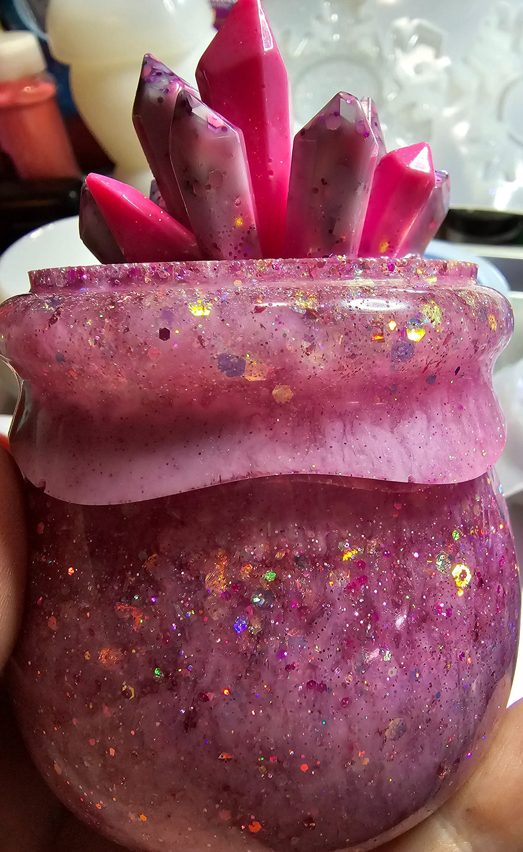Pink Sapphire Crystal Cauldron Resin Jar | Handmade Witchy Decor & Stash Box
