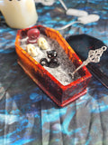 Resin Coffin Zen Garden: Spooky Desk Decor with Charms, Skulls, Shovel - Halloween Theme