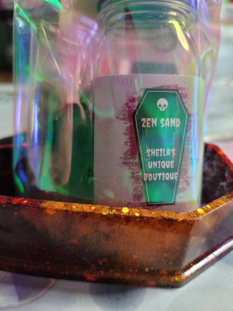 Resin Coffin Zen Garden: Desk Decor with Charms, a tree, sand and a Shovel - Christmas Theme