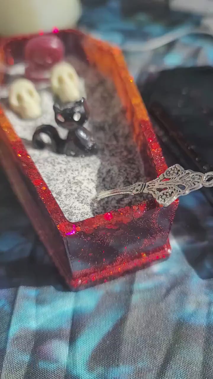 Resin Coffin Zen Garden: Desk Decor with Charms, sand and a shovel - Valentine's Day Theme