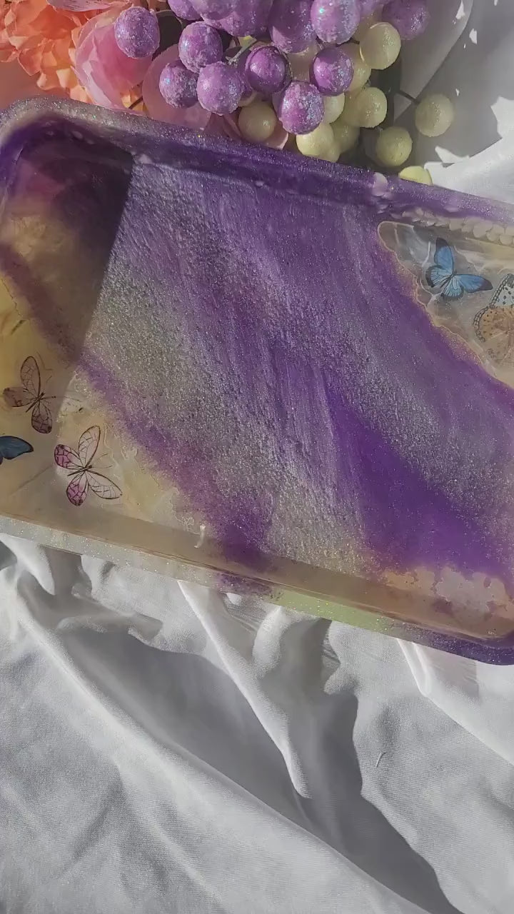 Handmade Butterfly Resin Vanity Tray | Purple & Mint with Butterfly Inclusions